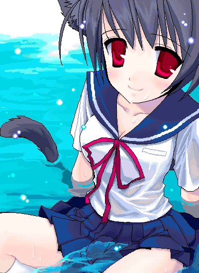 chimaro, original, 1girl, animal ears, black hair, blush, cat ears, cat tail, female focus, oekaki, pleated skirt, red eyes, ribbon, school uniform, serafuku, short hair, sitting, skirt, smile, solo, tail, wading, water, wet, wet clothes