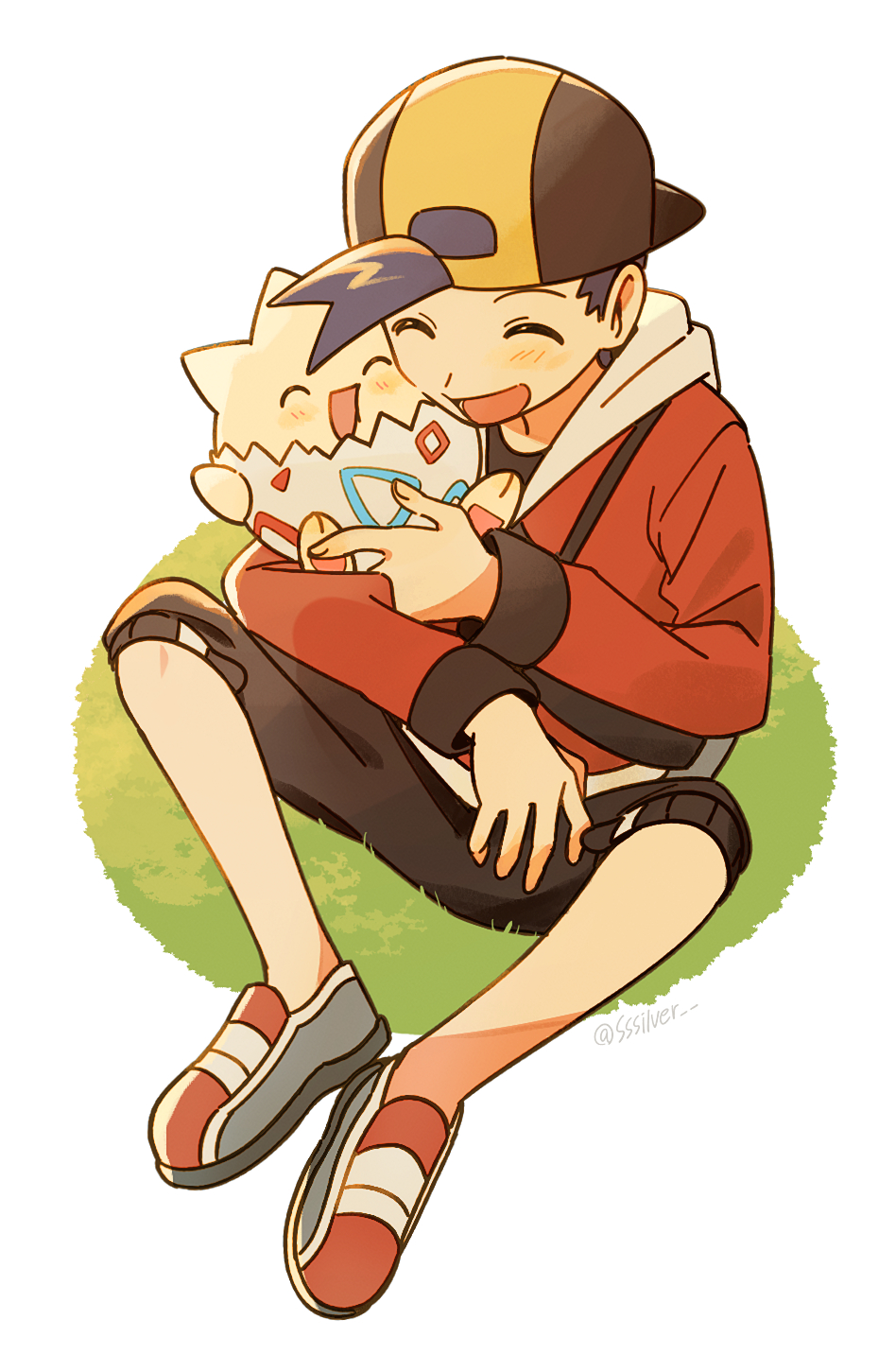chueog, ethan (pokemon), togepi, nintendo, pokemon, pokemon hgss, highres, 1boy, ^ ^, backwards hat, baseball cap, black hair, black shirt, black shorts, blush, closed eyes, crew neck, gen 2 pokemon, grass, hat, holding, holding pokemon, hood, hood down, hooded jacket, jacket, male focus, open mouth, pokemon (creature), red jacket, red shoes, shirt, shoes, short hair, shorts, simple background, sitting, smile, solo, white background