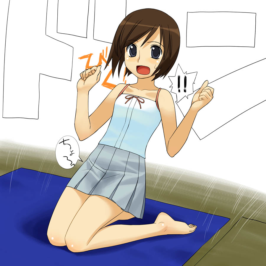 a1 (initial-g), original, !, !!, 1girl, barefoot, brown hair, female focus, kneeling, open mouth, pleated skirt, short hair, skirt, solo, speech bubble