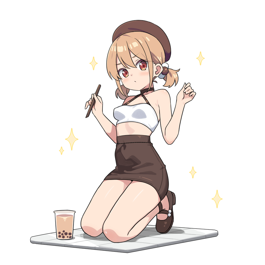 hatsunatsu, xiaoyuan (you can eat the girl), you can eat the girl, bare shoulders, breasts, brown eyes, halterneck, hat, kneeling, long hair, looking at viewer, midriff peek, pencil skirt, shoes, sidelocks, skirt, small breasts, tam o' shanter, twintails