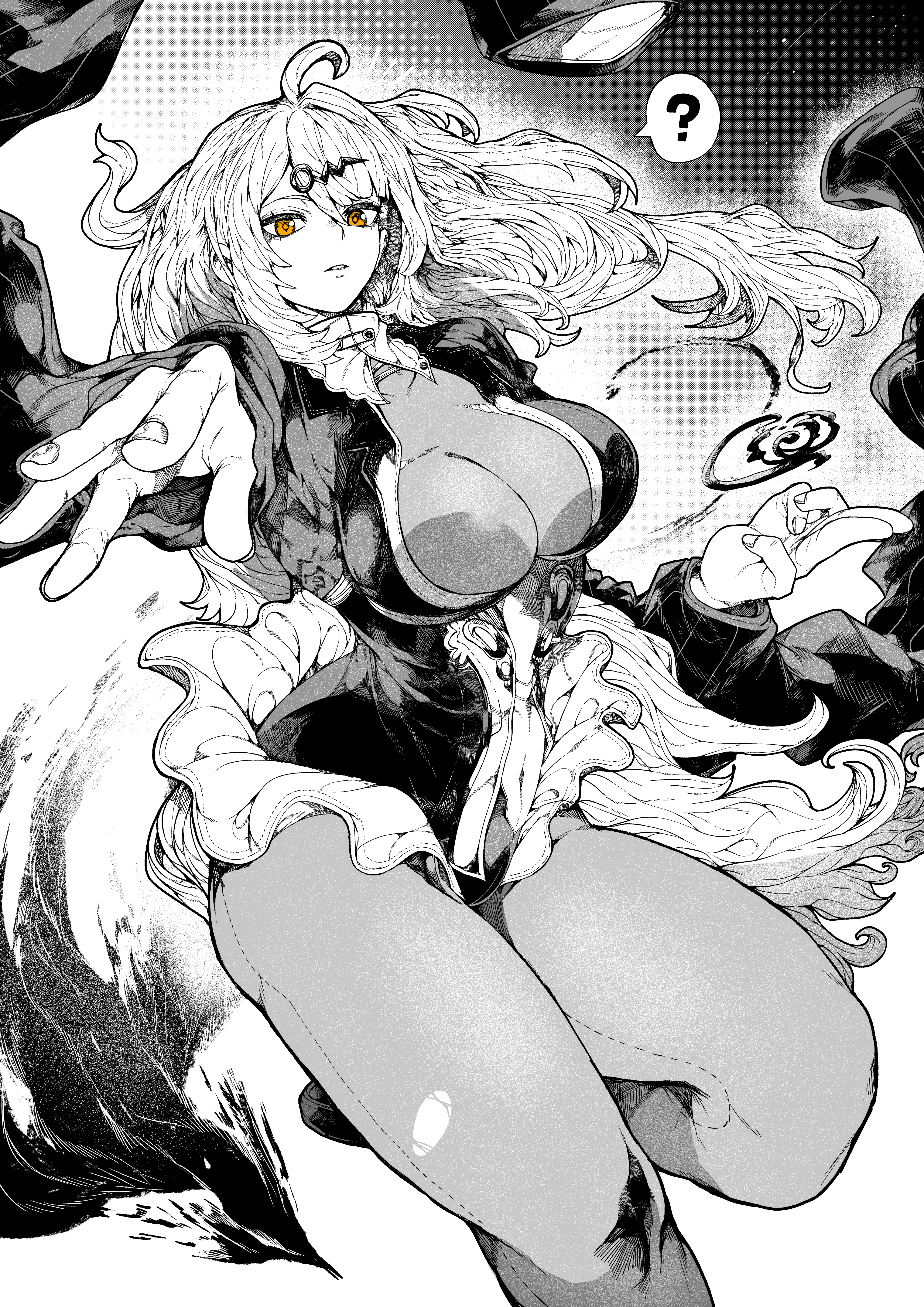 yotsumi shiro, yixuan (trails of ink) (zenless zone zero), yixuan (zenless zone zero), zenless zone zero, absurdres, highres, 1girl, ?, bird, bodystocking, breasts, floating hair, greyscale, hair ornament, hairclip, jacket, large breasts, leg up, leotard, long hair, looking at viewer, monochrome, navel, orange eyes, parted lips, reaching, reaching towards viewer, solo, spoken question mark, spot color, torn bodystocking, torn clothes