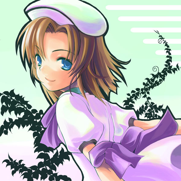 kamizakura, ryuuguu rena, higurashi no naku koro ni, 00s, 1girl, aqua background, blue eyes, bow, brown hair, female focus, hat, looking back, puffy sleeves, ribbon, short hair, smile, solo, white hat