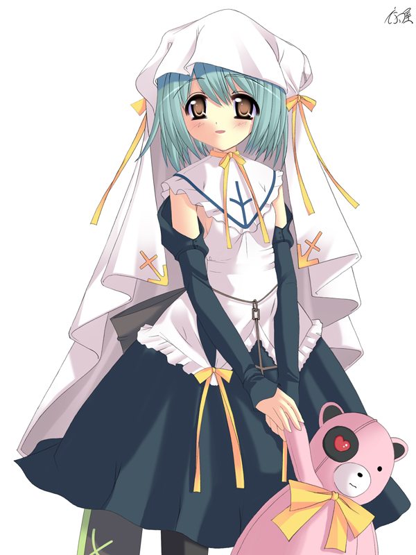 natsumiya yuzu, anzu, peace@pieces, habit, 1girl, bear, blue hair, breasts, dress, female focus, pantyhose, ribbon, sideboob, small breasts, solo, yellow eyes