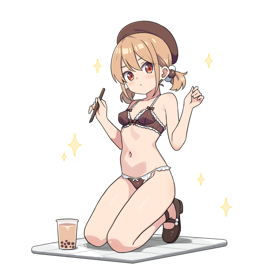 hatsunatsu, xiaoyuan (you can eat the girl), you can eat the girl, blonde hair, blush, bra, brown bra, brown eyes, brown panties, frilled bra, frilled panties, frilled underwear, frills, hat, kneeling, looking at viewer, panties, shoes, tam o' shanter, twintails, underwear