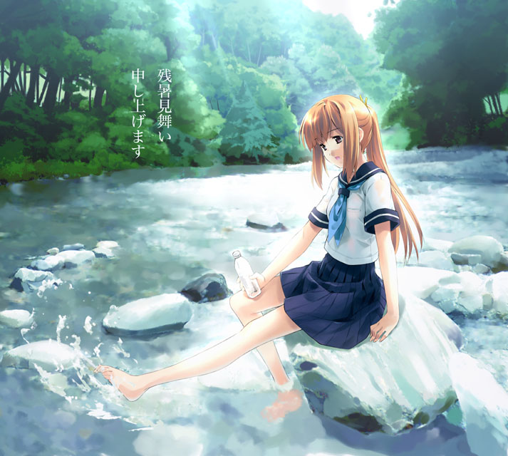 minamino kanata, original, 1girl, barefoot, brown eyes, feet, female focus, on rock, orange hair, outdoors, pleated skirt, ponytail, river, rock, school uniform, serafuku, sitting, skirt, soaking feet, solo, water