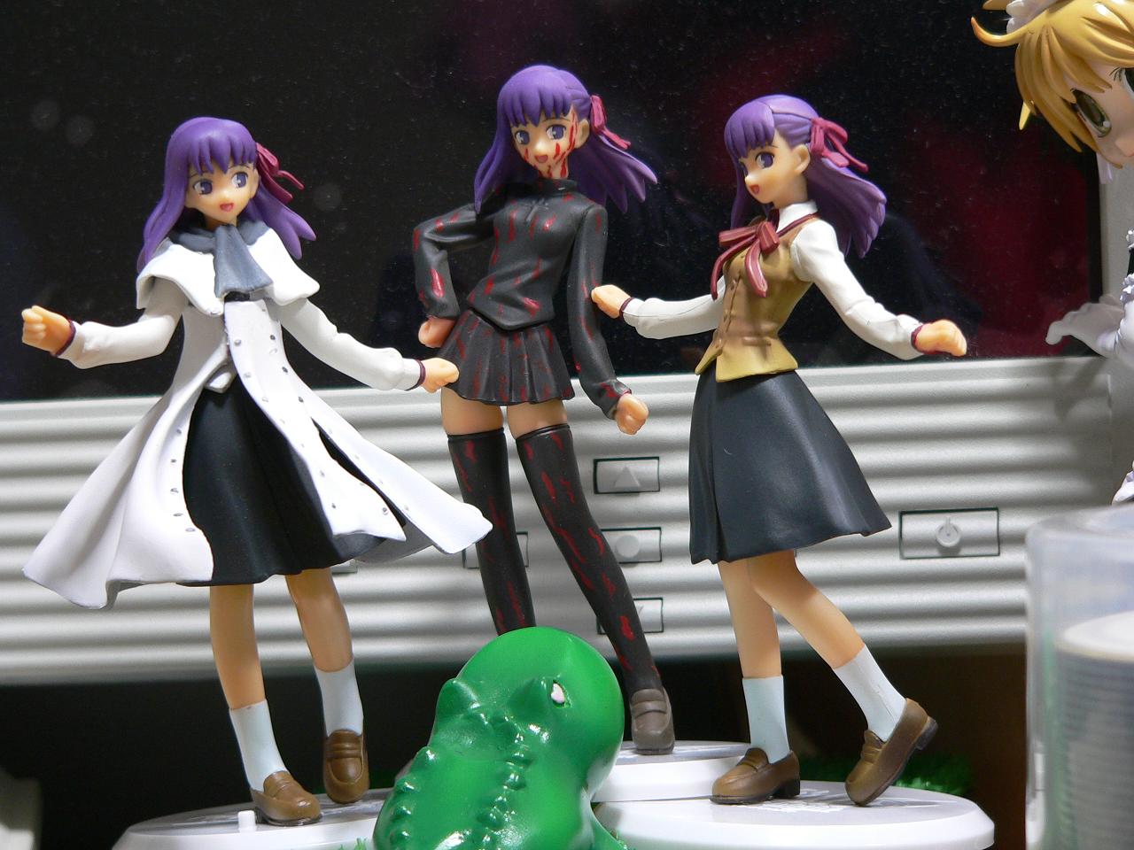 dark sakura, matou sakura, pochi (kore ga watashi no goshujin-sama), fate/stay night, fate (series), kore ga watashi no goshujin-sama, brown legwear, white legwear, photo (medium), 00s, 3girls, blood, coat, crocodile, crocodilian, crossover, dutch angle, figure, full body, hand on own hip, homurabara academy school uniform, loafers, long hair, miniskirt, multiple girls, multiple persona, pleated skirt, purple hair, scarf, school uniform, shoes, skindentation, skirt, smile, socks, standing, thighhighs, vest, zettai ryouiki