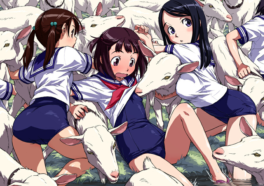 naruko hanaharu, original, 3girls, animal, bestiality, black hair, blue eyes, blush, brown eyes, brown hair, embarrassed, flat chest, goat, goats, hair bobbles, hair ornament, multiple girls, no pants, one-piece swimsuit, purple eyes, purple hair, school swimsuit, school uniform, serafuku, sheep, swimsuit, swimsuit under clothes, twintails, water, wavy mouth