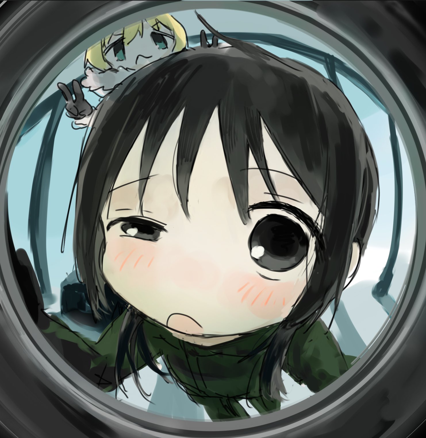 muishizen, chito (shoujo shuumatsu ryokou), yuuri (shoujo shuumatsu ryokou), shoujo shuumatsu ryokou, hashtag-only commentary, highres, 2girls, black eyes, black hair, blonde hair, blush, double v, fisheye, gloves, green jacket, jacket, leaning forward, looking at viewer, multiple girls, no nose, open mouth, pov peephole, uneven eyes, v