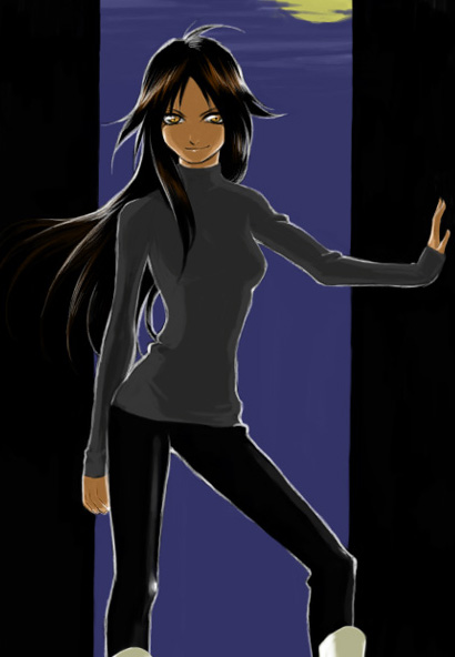 shihouin yoruichi, bleach, 00s, black hair, dark-skinned female, dark skin, long hair, pants, solo, turtleneck, yellow eyes