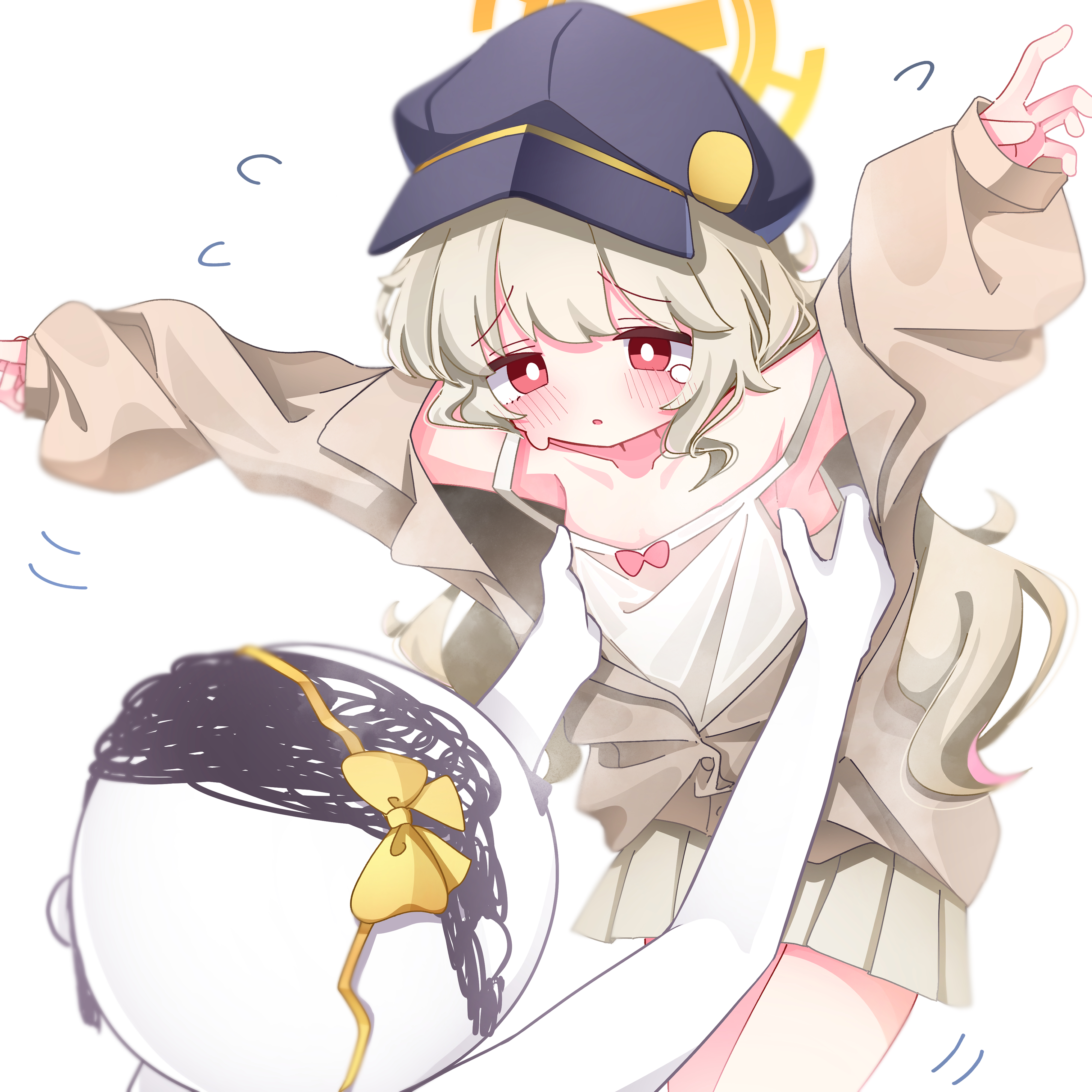 hinagi573, aoba (blue archive), doodle sensei (blue archive), sensei (blue archive), blue archive, absurdres, commentary request, highres, 1boy, 1girl, armpits, bow, bright pupils, camisole, cardigan, collarbone, embarrassed, flat chest, flying sweatdrops, hair bow, halo, hat, lifting person, long hair, looking at another, newsboy cap, outstretched arms, parted lips, pleated skirt, simple background, skirt, spread arms, white background, white camisole, white pupils, yellow bow, yellow halo