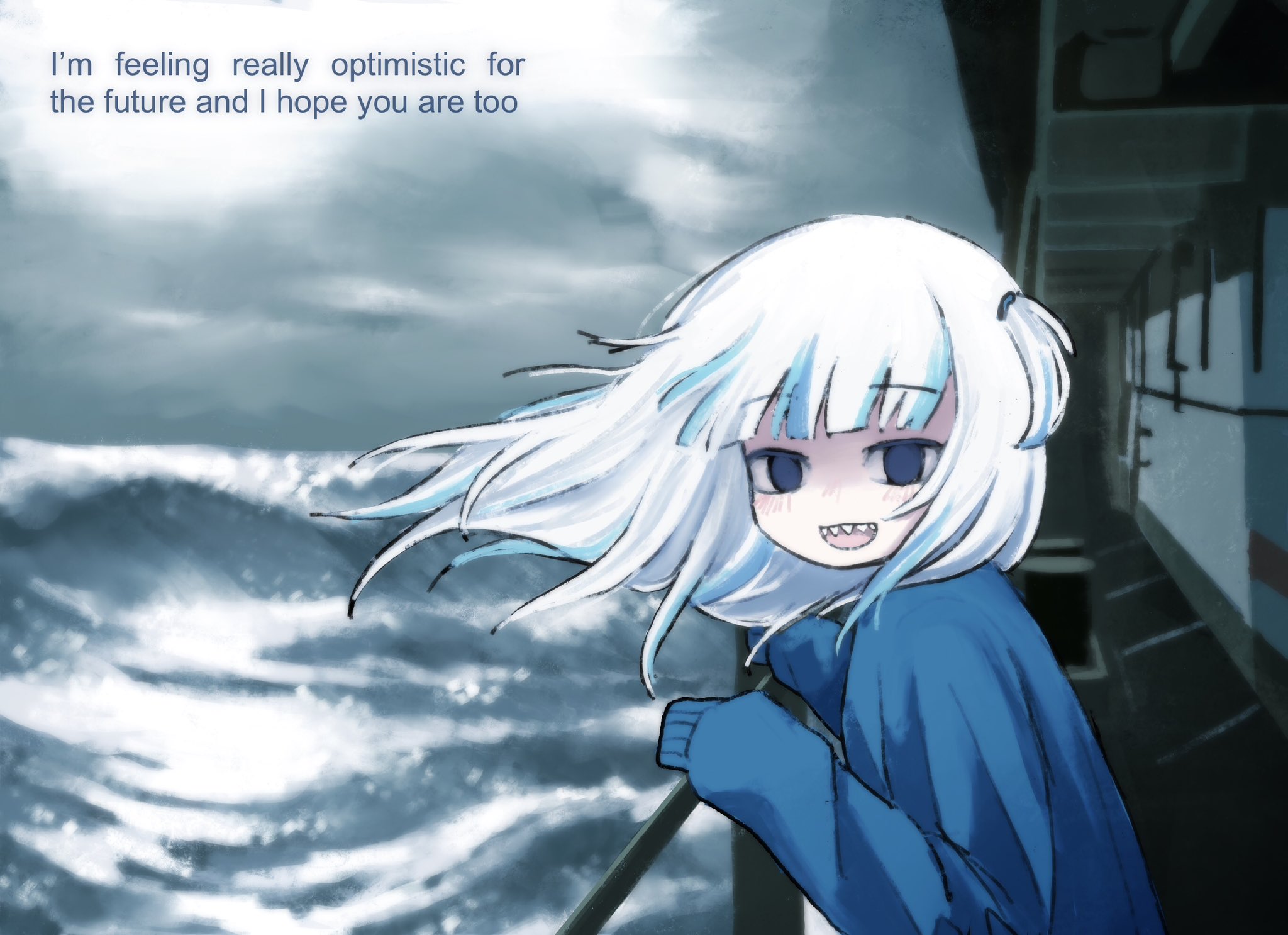 mliko444, gawr gura, hololive, hololive english, commentary, english commentary, highres, 1girl, :d, blue eyes, blue hair, blue sweater, english text, floating hair, looking at viewer, multicolored hair, on ship, open mouth, overcast, sharp teeth, sky, sleeves past fingers, sleeves past wrists, smile, solo, streaked hair, sweater, teeth, two side up, water, waves, white hair, wind