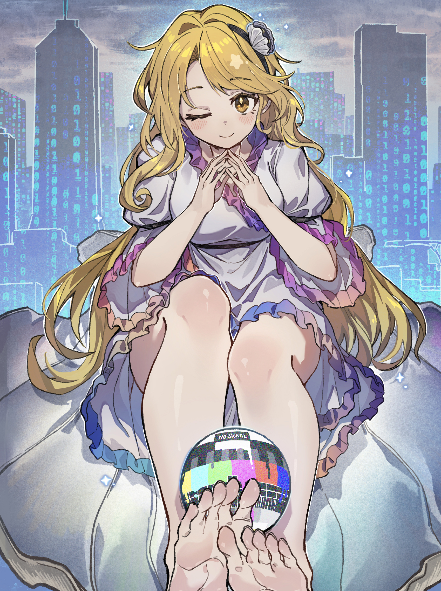 shishui guima, watari nina, fossilized wonders, touhou, highres, 1girl, barefoot, black hairband, blonde hair, breasts, building, dress, frilled dress, frills, hairband, long hair, looking at viewer, one eye closed, shell hair ornament, sitting, smile, solo, white dress