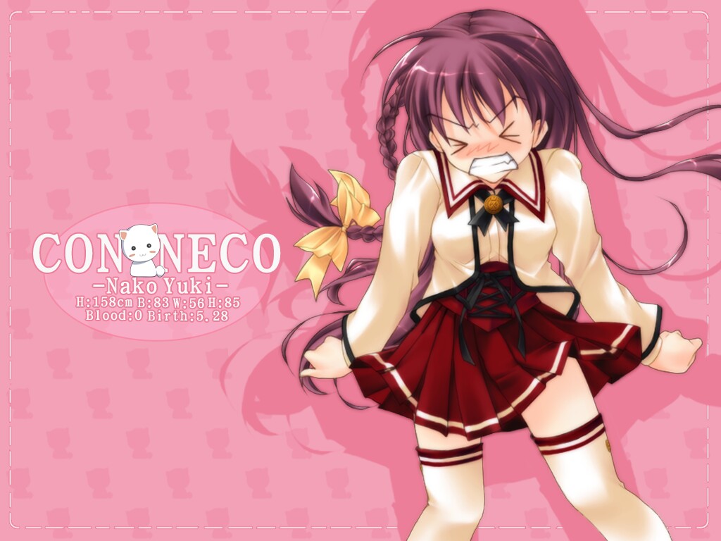mikeou, yuuki nako, konneko, > <, 1girl, angry, animal print, blush, bow, braid, cat, cat print, character name, clenched teeth, closed eyes, copyright name, female focus, hair bow, long hair, long sleeves, nose blush, pleated skirt, school uniform, serafuku, single braid, skirt, solo, teeth, thighhighs, white thighhighs, zettai ryouiki