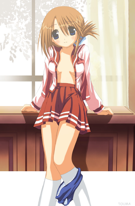komaki manaka, to heart (series), to heart 2, 00s, 1girl, buruma, female focus, folded ponytail, gym uniform, kneehighs, open clothes, open shirt, pleated skirt, school uniform, serafuku, shirt, skirt, socks, solo