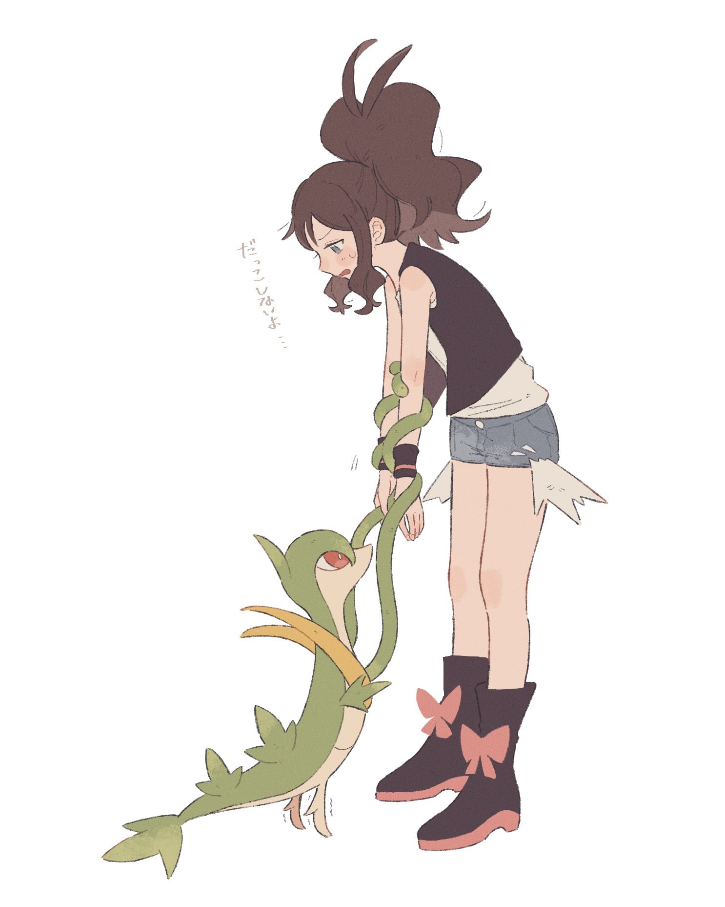 hime (himetya105), hilda (pokemon), servine, nintendo, pokemon, pokemon bw, highres, 1girl, black boots, black vest, blue eyes, blush, boots, breasts, brown hair, closed mouth, cutoffs, denim, denim shorts, exposed pocket, gen 5 pokemon, high ponytail, leaf, long hair, open clothes, open mouth, open vest, plant, pokemon (creature), ponytail, red eyes, shirt, short shorts, shorts, sidelocks, smile, tail, vest, vines, white shirt, wristband