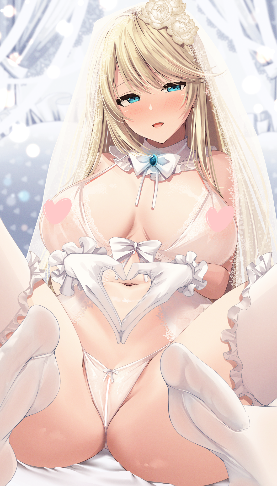 mutsumi nemuru, original, highres, aqua eyes, bed, bed sheet, blonde hair, blush, breasts, breasts apart, bridal lingerie, bridal veil, canopy bed, censored, flower, gloves, hair flower, hair ornament, heart, heart censor, heart hands, large breasts, lingerie, looking at viewer, open mouth, panties, rose, sidelocks, sitting, smile, spread legs, underwear, veil, white background, white flower, white gloves, white panties, white rose