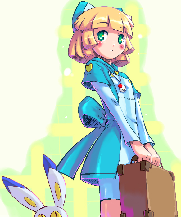 otter kawauso, roudoran, lapetiteprincess, twinkle star sprites, 1girl, bike shorts, blonde hair, blush, bow, dress, female focus, green eyes, hair bow, jewelry, long sleeves, necklace, rabbit, shorts, shorts under dress, shorts under skirt, solo, suitcase