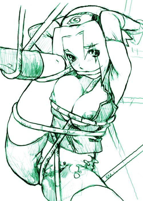 nekomata naomi, haruno sakura, naruto (classic), naruto (series), 1girl, armpits, bdsm, bike shorts, blouse, bondage, bound, breasts, crotch rope, eyes visible through hair, female focus, green theme, large breasts, monochrome, nipples, open clothes, open shirt, rope, shibari, shirt, shorts, sleeveless, sleeveless shirt, solo, spread legs, torn bike shorts, torn clothes, torn shorts