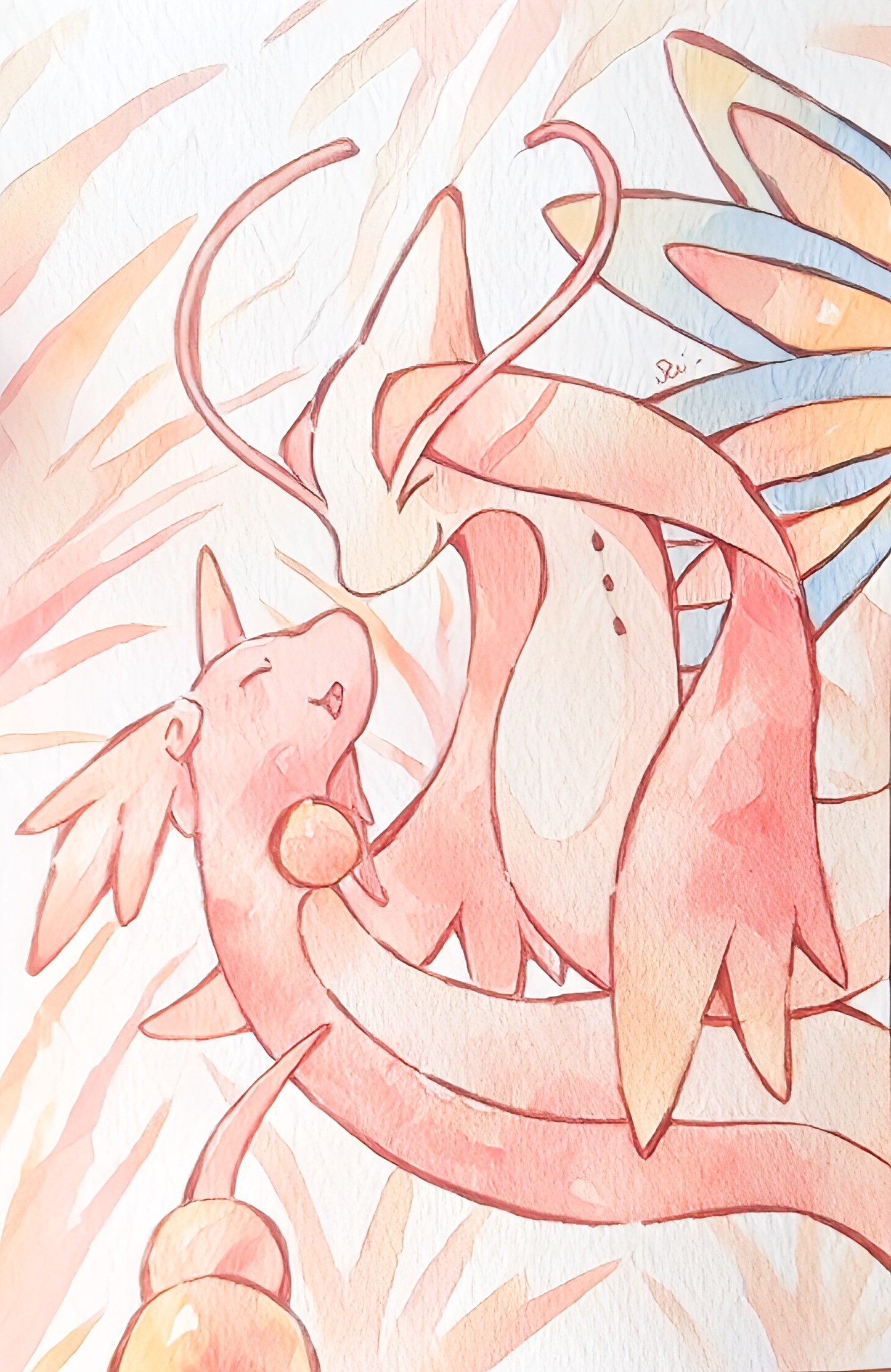 rai (rai kw), dragonair, milotic, nintendo, pokemon, highres, alternate color, antennae, blush, closed eyes, closed mouth, gen 1 pokemon, gen 3 pokemon, head wings, horns, no humans, open mouth, pokemon (creature), pokemon focus, shiny pokemon, single horn, smile, tail, wings