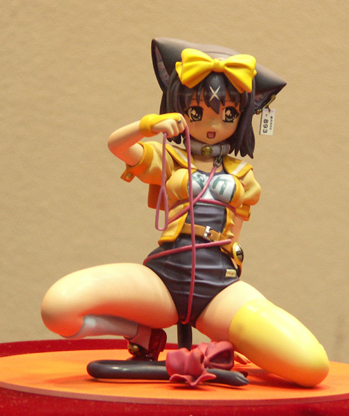 peke (mahou shoujo neko x), mahou shoujo neko x, wonder festival, wonder festival 2005, photo (medium), 1girl, animal ears, black one-piece swimsuit, cat ears, cat girl, cat tail, female focus, figure, full body, one-piece swimsuit, school swimsuit, solo, swimsuit, tail