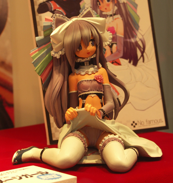 yoshizaki mine, himekuri image girl, comic himekuri, wonder festival, wonder festival 2005, photo (medium), 1girl, bow, brown hair, clothes lift, collar, detached sleeves, female focus, figure, lifting own clothes, lingerie, long hair, maid, panties, skirt, skirt lift, solo, thighhighs, underwear