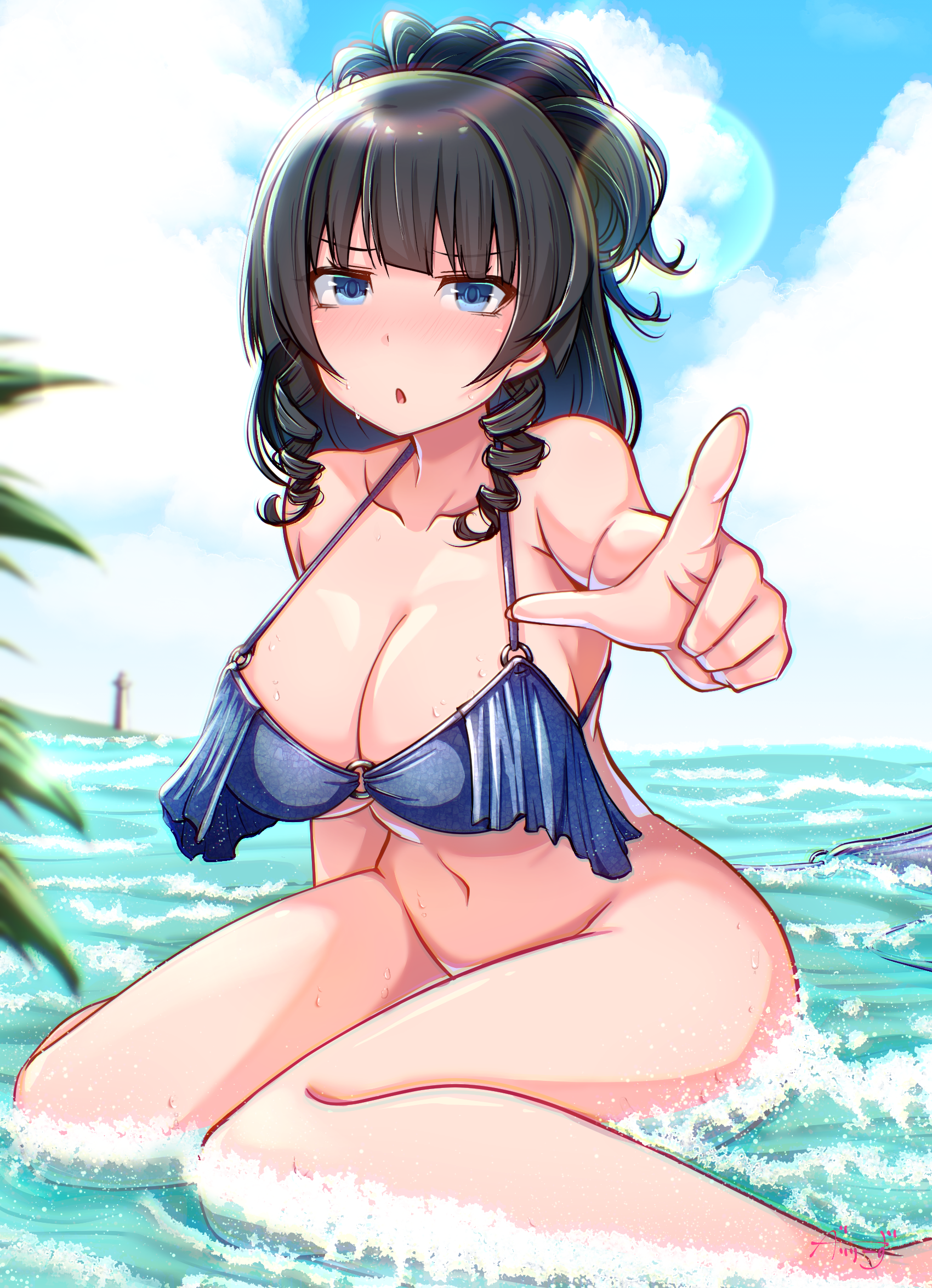 baileys (tranquillity650), original, highres, :o, bare legs, bikini, bikini top only, black hair, blue bikini, blue sky, blush, bottomless, breasts, cleavage, cloud, collarbone, day, drill hair, index finger raised, large breasts, lens flare, lighthouse, long hair, looking at viewer, navel, ocean, outdoors, pointing, sitting, sky, swimsuit, twin drills
