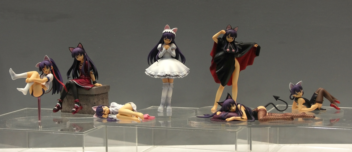 hazuki (tsukuyomi), tsukuyomi moonphase, wonder festival, wonder festival 2005, photo (medium), 00s, 1girl, animal ears, barefoot, cape, cat ears, demon tail, dress, fetal position, figure, gym uniform, lolita fashion, no panties, tail