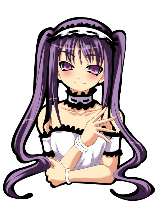 euryale (fate), stheno (fate), fate/hollow ataraxia, fate/stay night, fate (series), 00s, 1girl, bracelet, choker, collarbone, cropped torso, female focus, hand on own elbow, head tilt, jewelry, long hair, purple eyes, purple hair, simple background, solo, symbol-shaped pupils, twintails, upper body, very long hair, white background