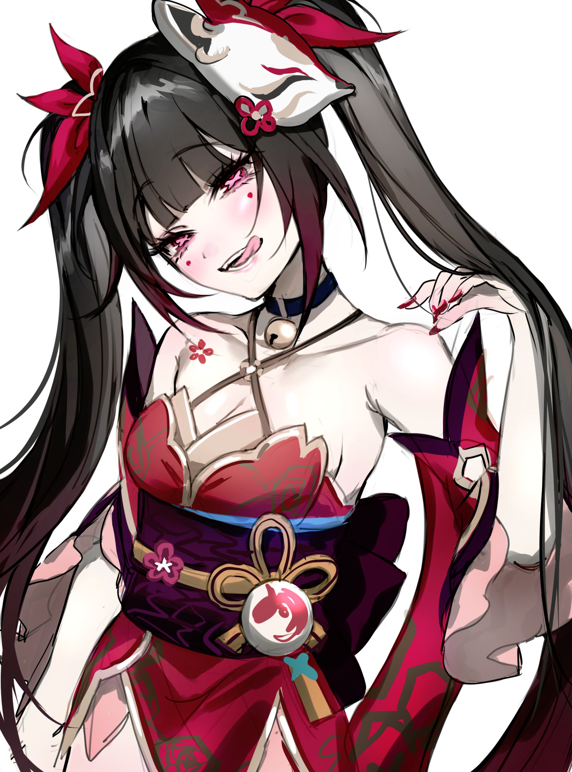 li nauu, sparkle (honkai: star rail), honkai: star rail, honkai (series), absurdres, commentary, english commentary, highres, 1girl, bare shoulders, bell, black hair, breasts, cleavage, detached sleeves, dress, flower tattoo, fox mask, hair ribbon, japanese clothes, licking, long hair, mask, mask on head, neck bell, purple eyes, red dress, red ribbon, ribbon, simple background, small breasts, solo, tattoo, twintails, very long hair, white background