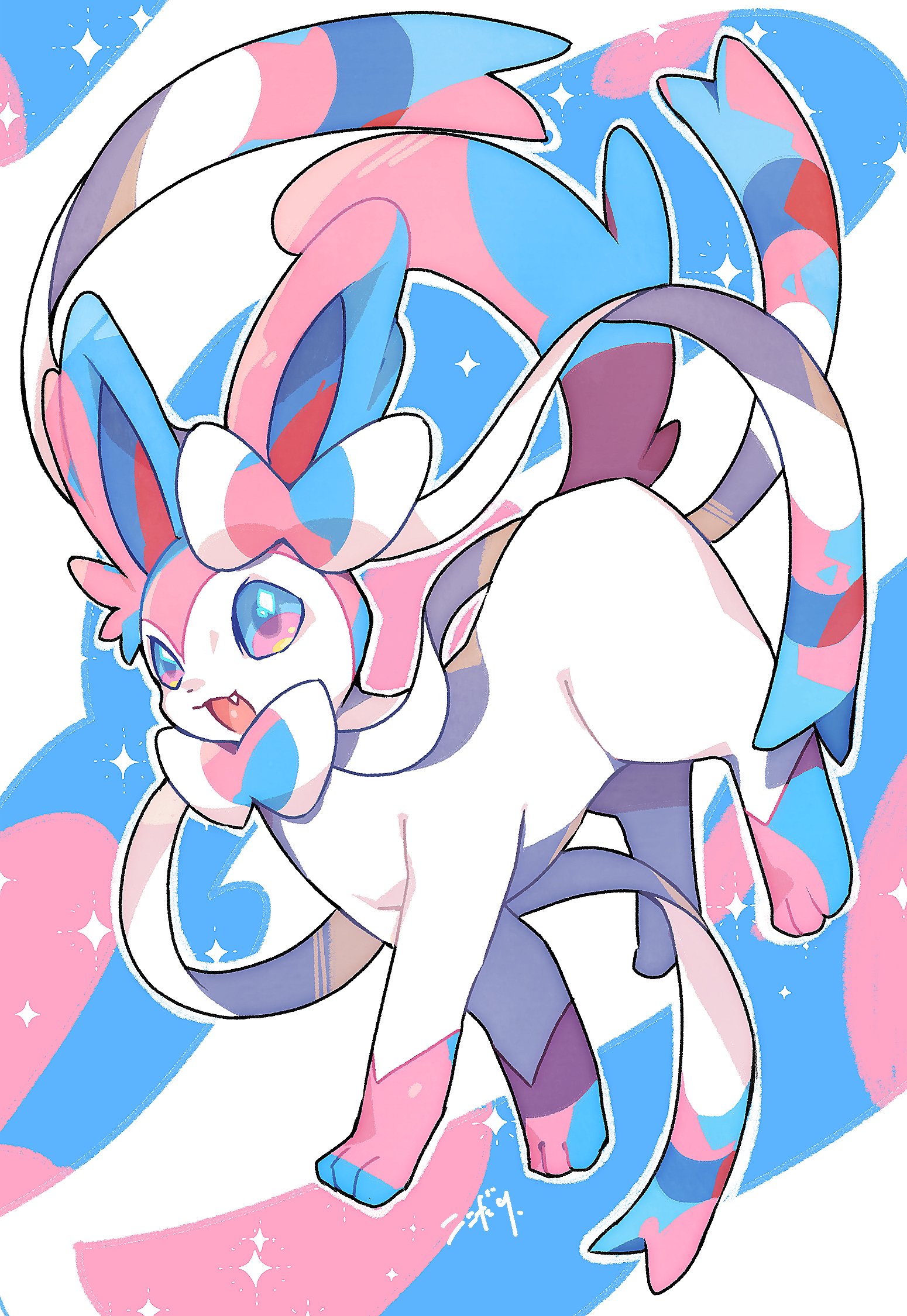 kokodari, sylveon, nintendo, pokemon, commentary, commentary request, highres, bow, fang, full body, gen 6 pokemon, hair bow, looking at viewer, multicolored eyes, no humans, open mouth, pokemon (creature), pokemon focus, sparkle, tongue