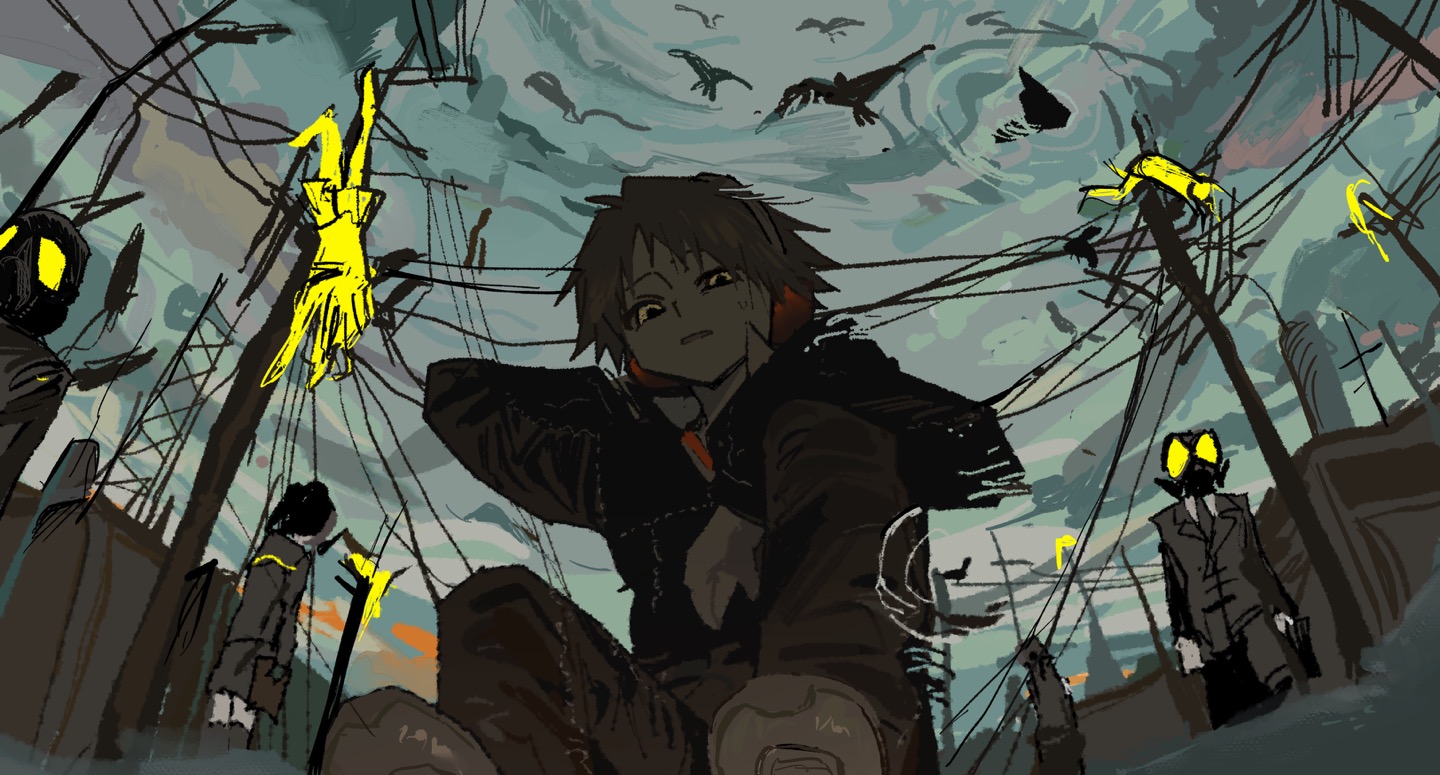 goguma wagamja, hanamura yousuke, persona, persona 4, bird, black jacket, black pants, corpse, crow, gas mask, grey shoes, hanging, headphones, holding, holding suitcase, jacket, looking at viewer, mask, orange hair, outdoors, pants, parted lips, shoes, short hair, suitcase, sweatdrop, walking