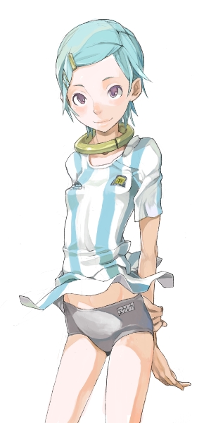 fakepucco, eureka (eureka seven), eureka seven, eureka seven (series), 00s, 1girl, argentina, buruma, female focus, gym uniform, shirt, simple background, solo, striped clothes, striped shirt, vertical-striped clothes, vertical-striped shirt, white background