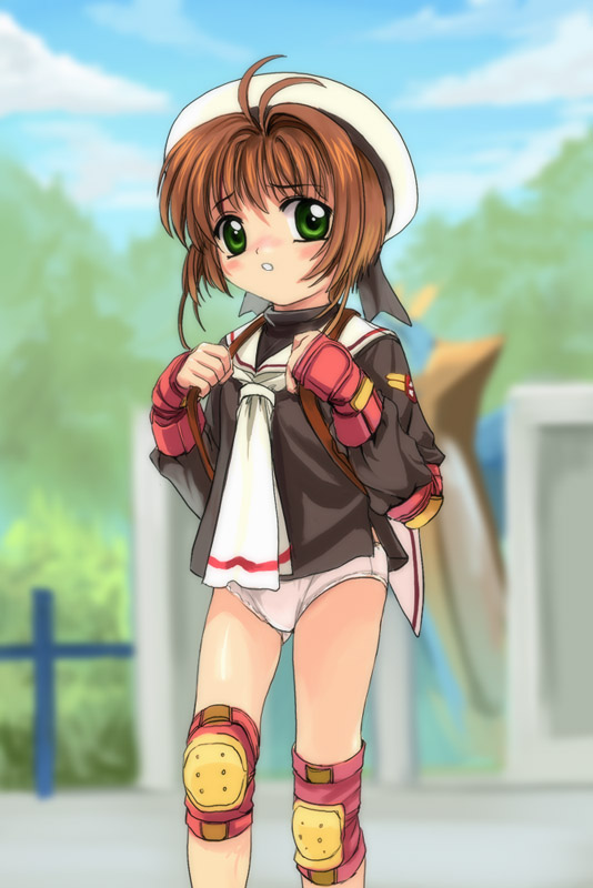 mutsuki (moonknives), kinomoto sakura, cardcaptor sakura, kodansha, 1990s (style), 1girl, antenna hair, beret, brown hair, elbow pads, female focus, gloves, green eyes, hat, knee pads, loli, no pants, panties, red gloves, retro artstyle, school uniform, serafuku, short hair, solo, tomoeda middle school uniform, underwear, white hat, white panties