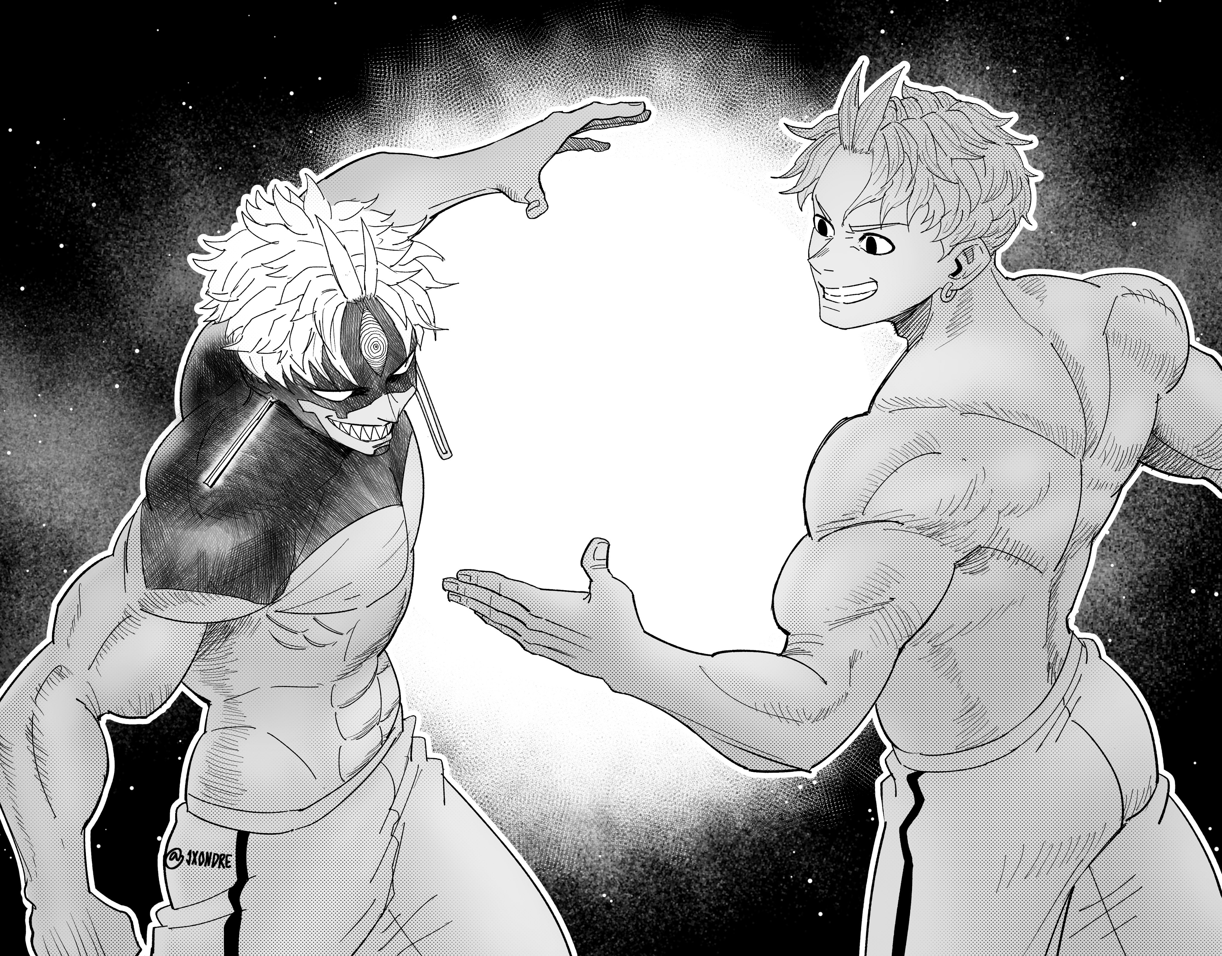 jxondre, enjoji jin, evil eye (dandadan), dandadan, marvel vs. capcom, absurdres, commentary, english commentary, highres, 2boys, cowboy shot, greyscale, grin, looking at another, male focus, monochrome, multiple boys, muscular, muscular male, pants, sharp teeth, short hair, smile, teeth, topless male