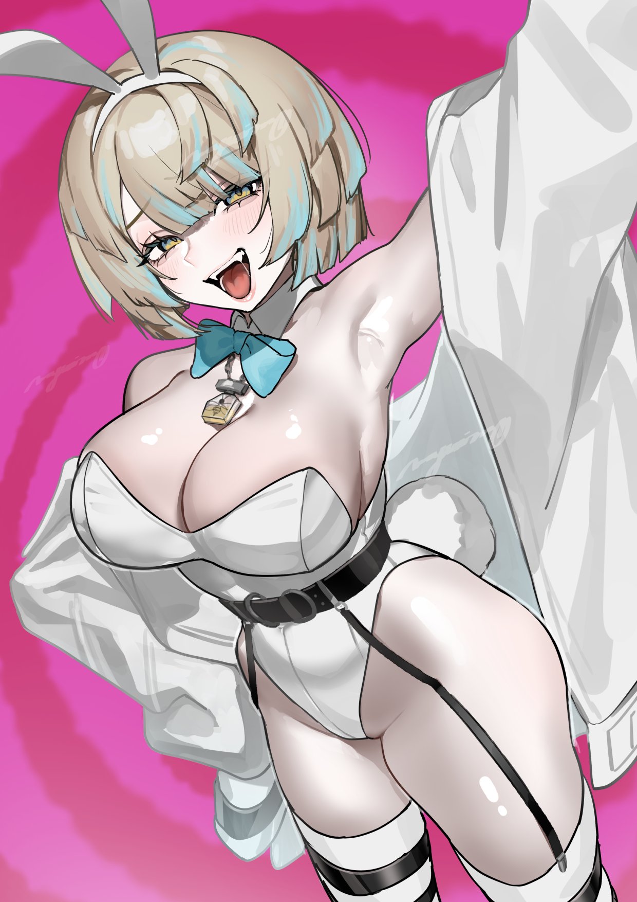 mayuri kaichou, hibachi mana, nijisanji, highres, 1girl, animal ear hairband, animal ears, arm up, armpits, bare shoulders, belt, black belt, blonde hair, blue bow, blue bowtie, blue hair, blush, bow, bowtie, breasts, cleavage, detached collar, detached sleeves, fake animal ears, genderswap, genderswap (mtf), hair between eyes, hair ornament, hairband, jacket, large breasts, leotard, long sleeves, looking at viewer, multicolored hair, off shoulder, open mouth, playboy bunny, rabbit ears, rabbit tail, short hair, solo, strapless, strapless leotard, streaked hair, tail, thighhighs, virtual youtuber, white jacket, white leotard, white thighhighs, yellow eyes