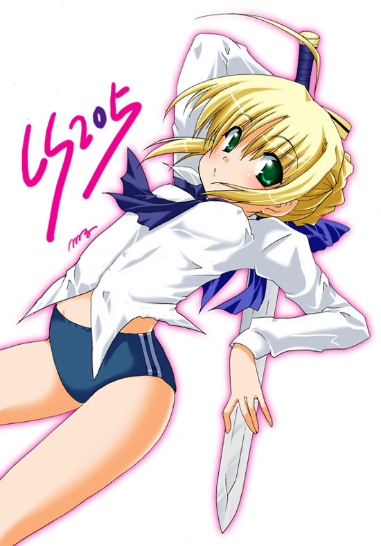 artoria pendragon (fate), saber (fate), fate/stay night, fate (series), 00s, 1girl, ahoge, blonde hair, blouse, braid, braided bun, buruma, double vertical stripe, excalibur (fate/stay night), female focus, green eyes, gym uniform, hair bun, hair ribbon, ribbon, shirt, solo, sword, thighs, weapon