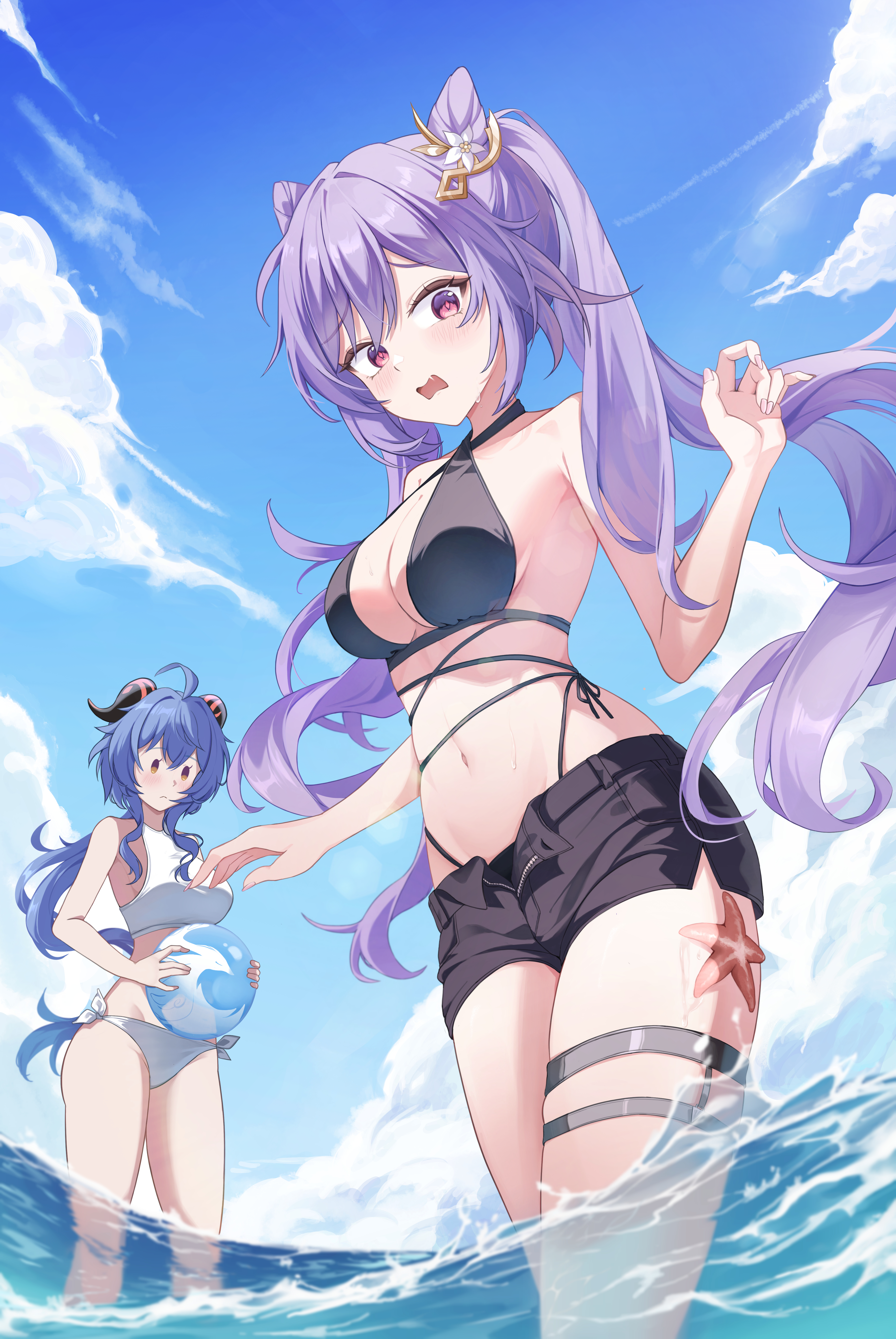 ganyu (genshin impact), keqing (genshin impact), genshin impact, absurdres, commentary request, highres, 2girls, ahoge, aku (akuku), alternate costume, animal on leg, ball, bare shoulders, beachball, bikini, bikini under shorts, black bikini, black shorts, blue hair, blue sky, breasts, brown eyes, cleavage, closed mouth, cloud, cone hair bun, criss-cross halter, day, diamond-shaped pupils, diamond (shape), double bun, facing viewer, feet out of frame, fingernails, from below, frown, goat horns, hair bun, hair ornament, halterneck, hands up, holding, holding ball, horns, long fingernails, long hair, looking at another, medium breasts, multiple girls, navel, ocean, open mouth, outdoors, purple eyes, purple hair, short shorts, shorts, side-tie bikini bottom, sky, starfish, swimsuit, symbol-shaped pupils, thigh strap, twintails, very long hair, wading, water, white bikini