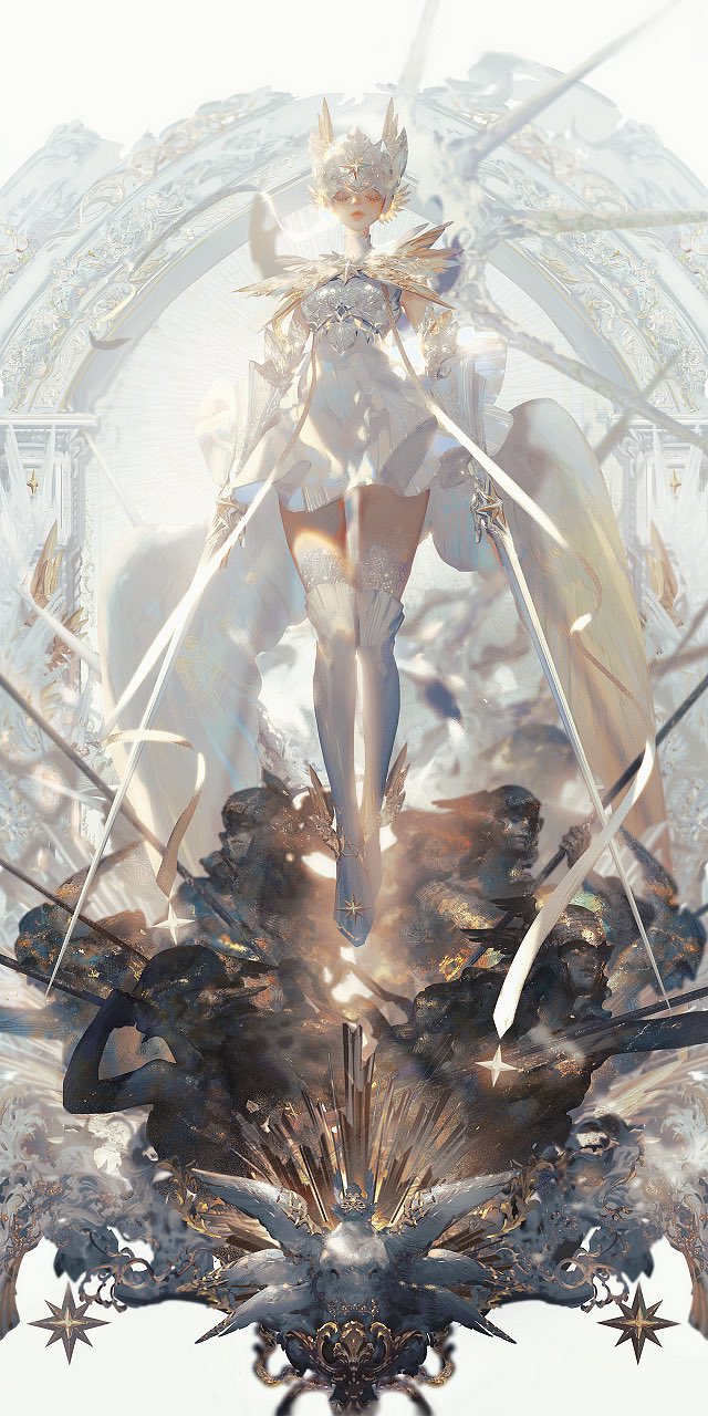 mian lang, afk (series), afk arena, afk journey, highres, 1girl, athalia (afk), covered eyes, dress, dual wielding, expressionless, falling feathers, feathers, head wings, helmet, holding, holding weapon, pale skin, serious, star (symbol), sword, weapon, white dress, white helmet, wings