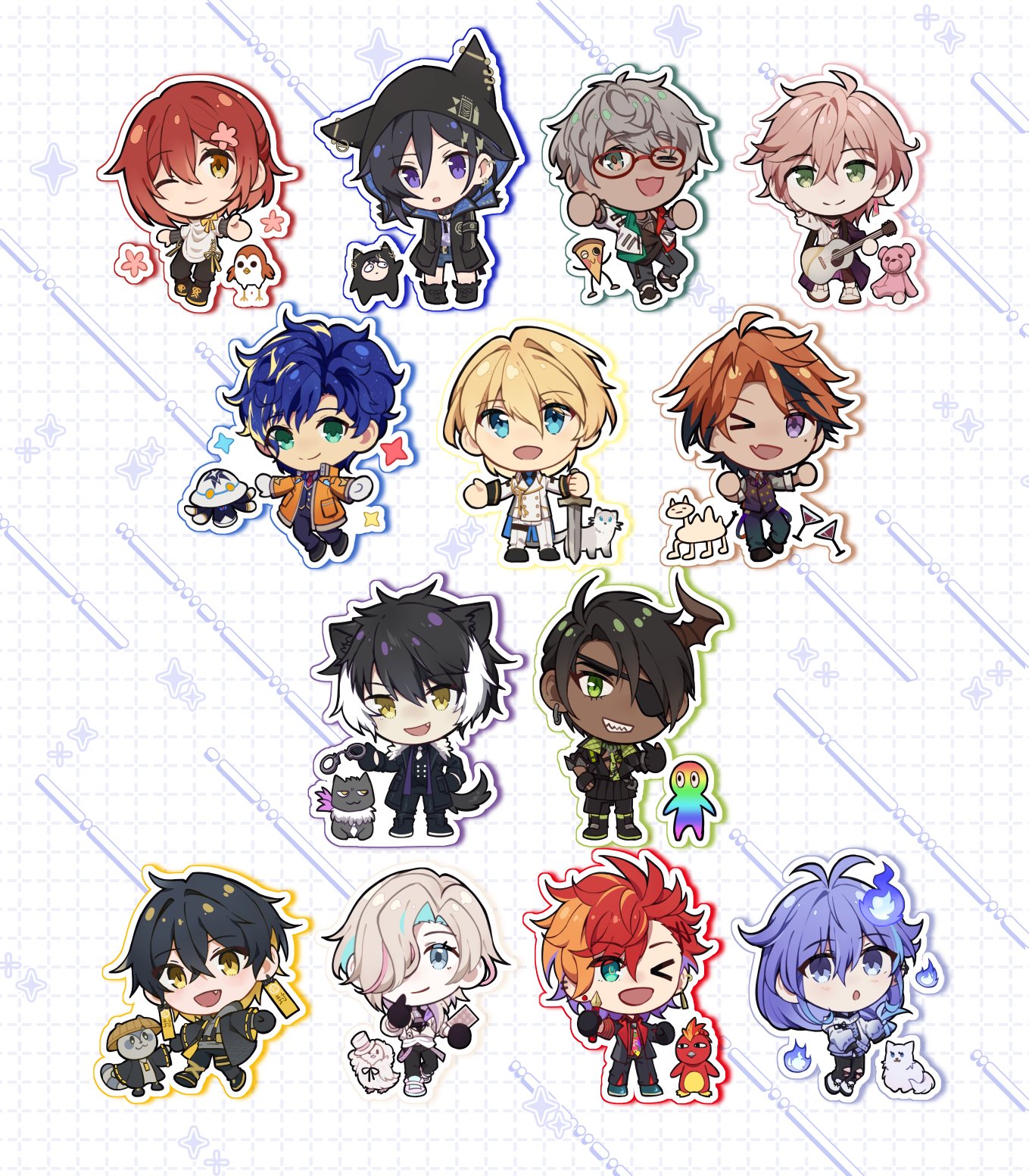 kyoukouo, aragami oga, aragami oga (1st costume), arurandeisu, arurandeisu (1st costume), astel leda, astel leda (1st costume), hanasaki miyabi, hanasaki miyabi (1st costume), hizaki gamma, jyako (utsugi uyu), kageyama shien, kageyama shien (1st costume), kanade izuru, kanade izuru (1st costume), kishido temma, kishido temma (1st costume), kotatsu (yatogami fuma), minase rio, minase rio (1st costume), nekoyama shien, omaesan (aragami oga), poruneu, rikka (1st costume) (holostars), rikka (holostars), spanner (holostars), utsugi uyu, utsugi uyu (1st costume), yatogami fuma, yatogami fuma (1st costume), yukoku roberu, holostars, highres, 6+boys, :d, :o, acoustic guitar, animal ears, bird, black hair, blonde hair, blonde streaks, blue eyes, blue hair, camel, card, cat, chestnut mouth, chibi, chibi only, cocktail glass, cuffs, cup, drinking glass, earrings, everyone, fang, ferret, four-pointed star, g-penguin (hizaki gamma), green eyes, grey hair, guitar, hair over one eye, handcuffs, hitodama, hiyamaru, holding, holding card, holding guitar, holding instrument, holding pen, holding sword, holding weapon, horns, instrument, jackal boy, jackal ears, jackal tail, jewelry, kyomu suzume, long hair, luca (minase rio), male focus, multicolored hair, multiple boys, nib pen (object), one eye closed, open mouth, orange hair, outer glow, outline, pen, pink hair, pizza-kun (arurandeisu), purple eyes, purple hair, red hair, sharp teeth, short hair, single horn, skin fang, smile, sparkle, sparkle background, streaked hair, stuffed animal, stuffed toy, sword, teddy bear, teeth, unhinged izuru (kanade izuru), virtual youtuber, weapon, white hair, white outline, white streaks, yellow eyes