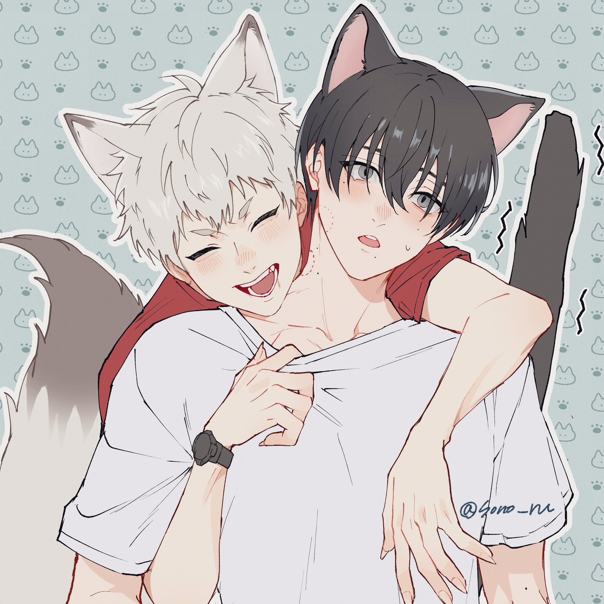 sono nu, indou hikaru, tsujinaka yoshiki, hikaru ga shinda natsu, commentary request, highres, 2boys, alternate costume, animal ears, bite mark, bite mark on face, bite mark on neck, black hair, blush, cat ears, collarbone, fingernails, male focus, mole, mole on arm, mole on cheek, mole on neck, mole under eye, mole under mouth, multiple boys, multiple moles, open mouth, red shirt, sharp fingernails, shirt, short hair, smile, tail, teeth, tongue, twitter username, upper body, upper teeth only, watch, white hair, white shirt, wristwatch