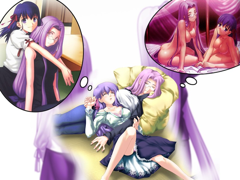 takeuchi takashi, matou sakura, medusa (fate), medusa (rider) (fate), fate/stay night, fate (series), third-party edit, 00s, 2girls, breasts, cleavage, dreaming, glasses, holding hands, hug, hug from behind, multiple girls, nipples, nude, open clothes, open shirt, purple hair, shirt, sleeping, square pupils
