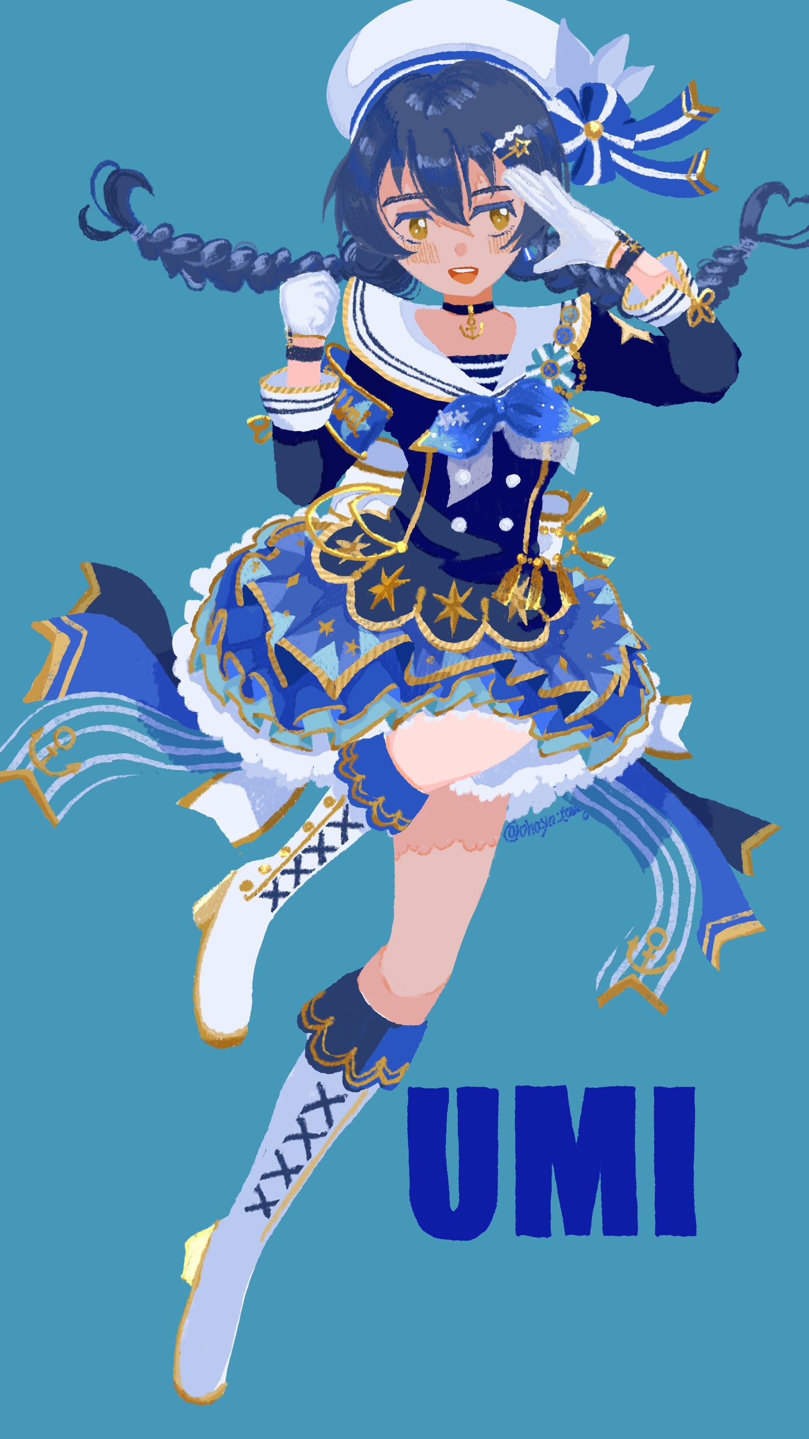 ohayo tamago, miracle voyage (love live!), sonoda umi, love live!, love live! school idol project, absurdres, highres, 1girl, anchor choker, arm up, beret, black choker, blue background, blue hair, blue shirt, blue skirt, blush, boots, braid, character name, choker, full body, gloves, hair ornament, hairclip, hand up, hat, high heel boots, high heels, leg up, long hair, looking to the side, low twin braids, no lineart, official alternate costume, official alternate hairstyle, open mouth, sailor collar, sailor shirt, salute, shirt, sideways glance, skirt, smile, solo, star (symbol), star hair ornament, teeth, twin braids, upper teeth only, white boots, white gloves, white hat, white sailor collar, yellow eyes