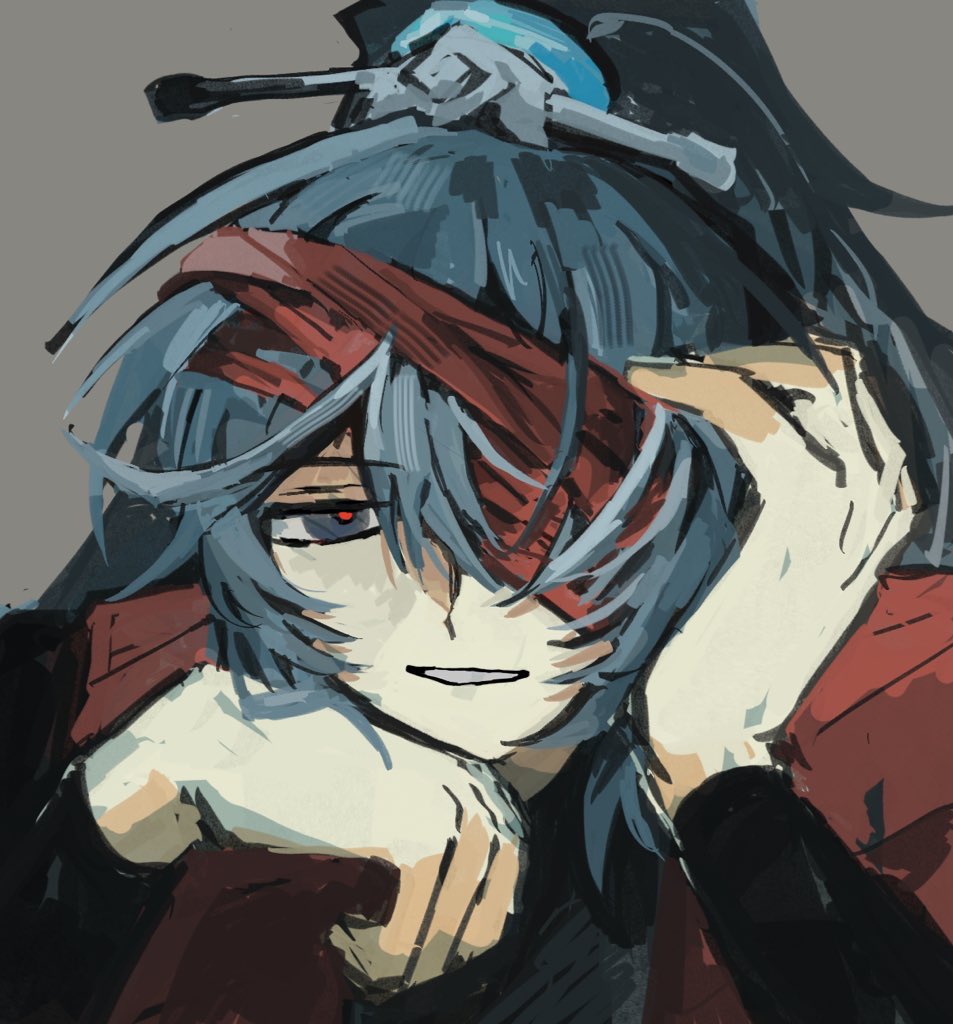 hong lu (project moon), limbus company, project moon, 1boy, bandage over one eye, black eyes, black hair, black hanfu, chinese clothes, family hierarch candidate (identity) (project moon), grey background, hanfu, high ponytail, long hair, looking at viewer, male focus, ponytail, pt0m14o, red pupils, red ribbon, ribbon, simple background, solo, upper body