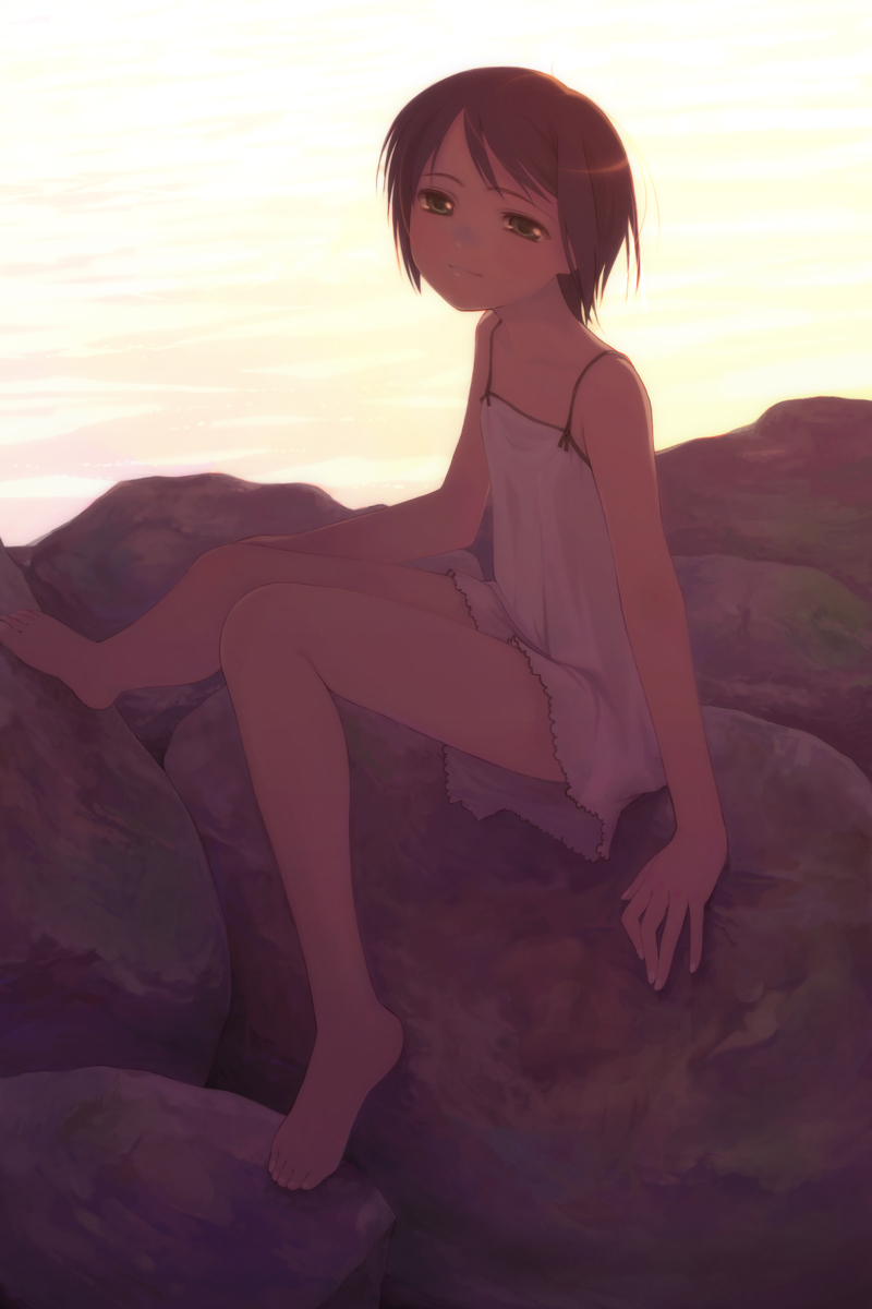highres, 1girl, chemise, female focus, on rock, rock, sitting, solo, sunset, water