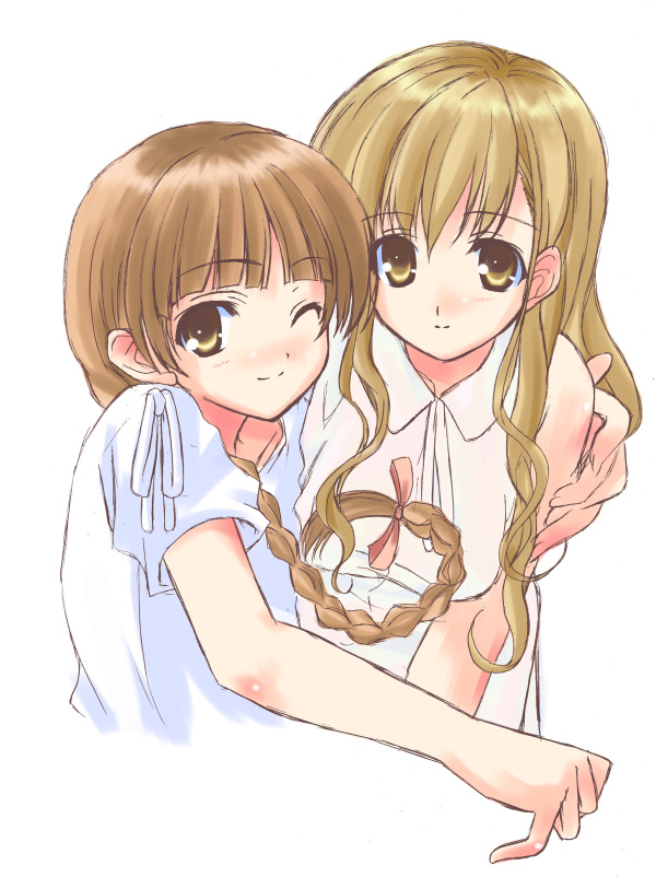 shimazu yoshino, toudou shimako, maria-sama ga miteru, eyebrows, 00s, 2girls, ;), bare shoulders, blonde hair, blunt bangs, brown eyes, brown hair, hug, looking at viewer, multiple girls, one eye closed, short sleeves, simple background, smile, wavy hair, white background