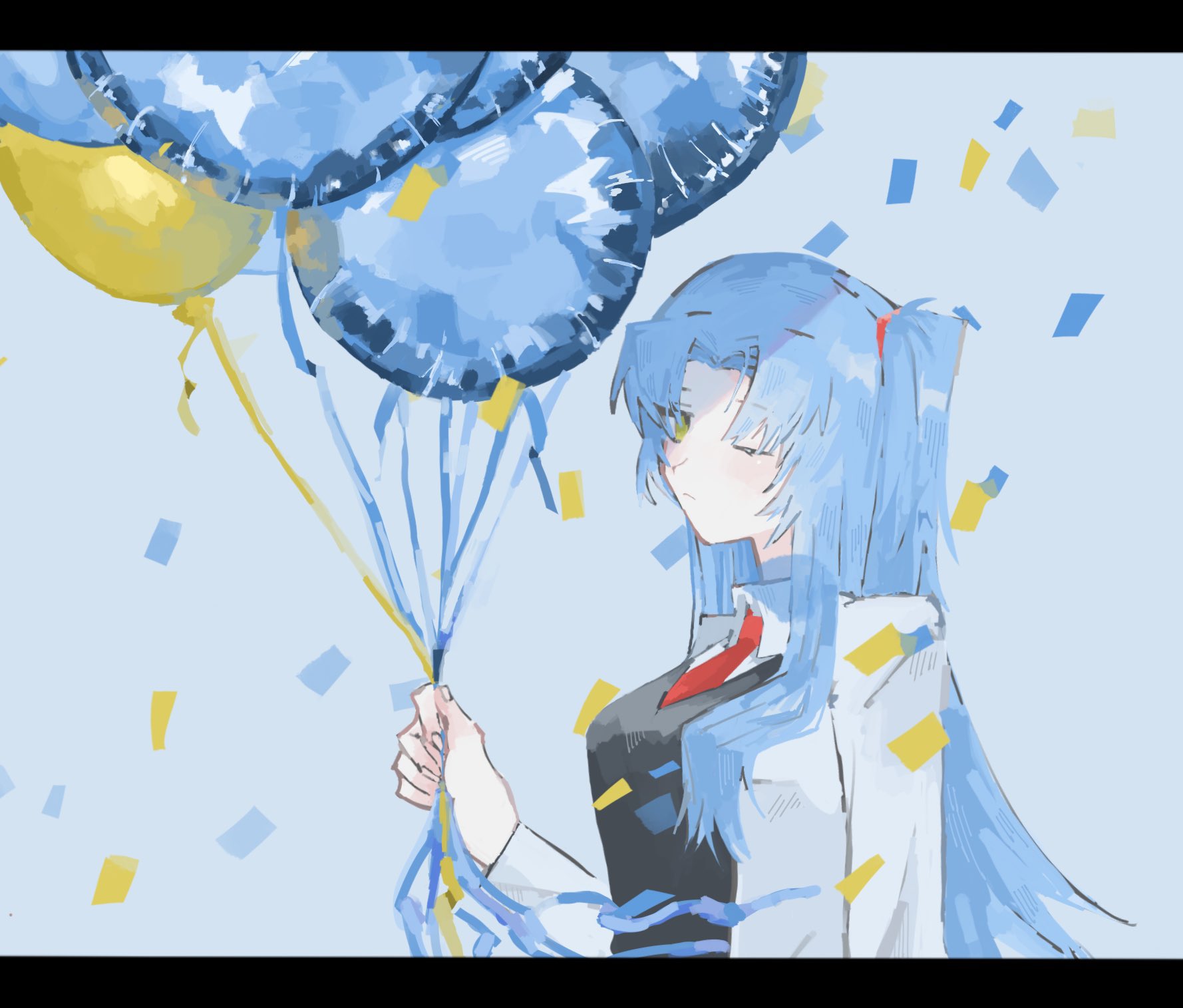 angela (project moon), lobotomy corporation, project moon, highres, 1girl, balloon, black border, black vest, blue background, blue hair, border, coat, collared shirt, confetti, holding, holding balloon, lab coat, long hair, long sleeves, looking at viewer, necktie, one eye closed, one side up, parted bangs, pt0m14o, red necktie, shirt, simple background, solo, upper body, vest, white coat, white shirt, yellow eyes