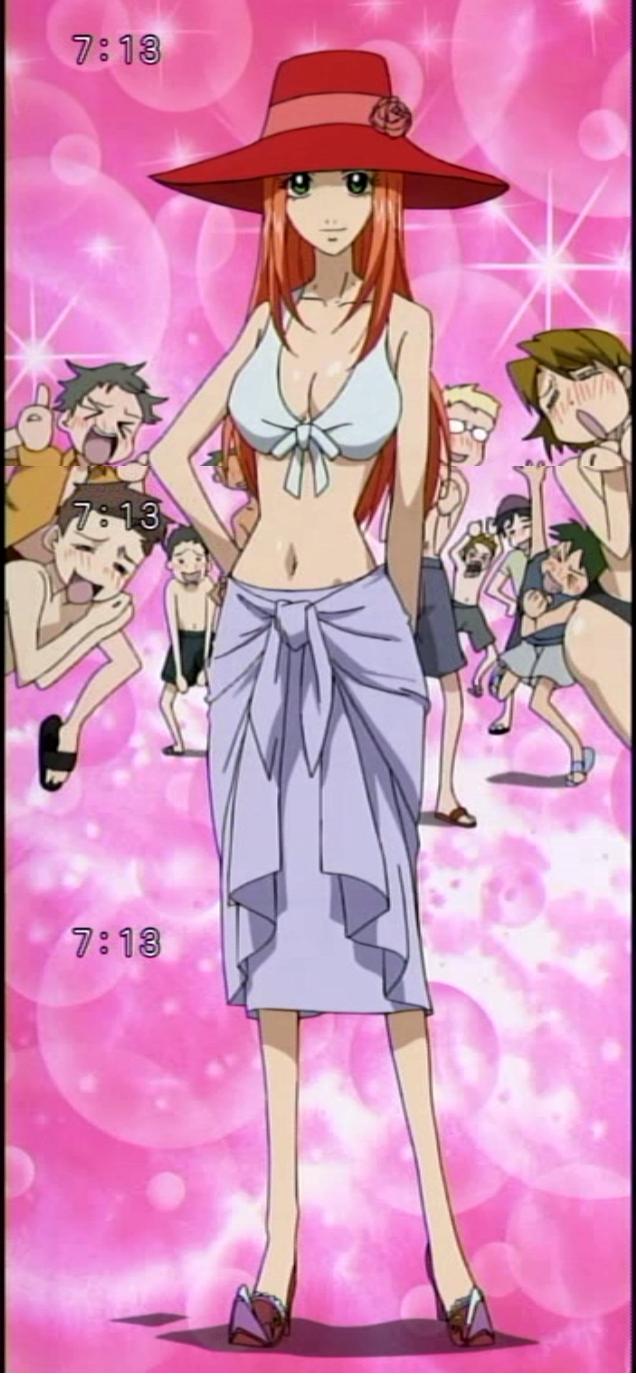 chocolat meilleure, sugar sugar rune, anime screenshot, highres, long image, stitched, tall image, third-party edit, 00s, 1girl, aged up, breasts, clock, clockshow, green eyes, hat, long hair, midriff, orange hair, sarong, solo focus, sun hat