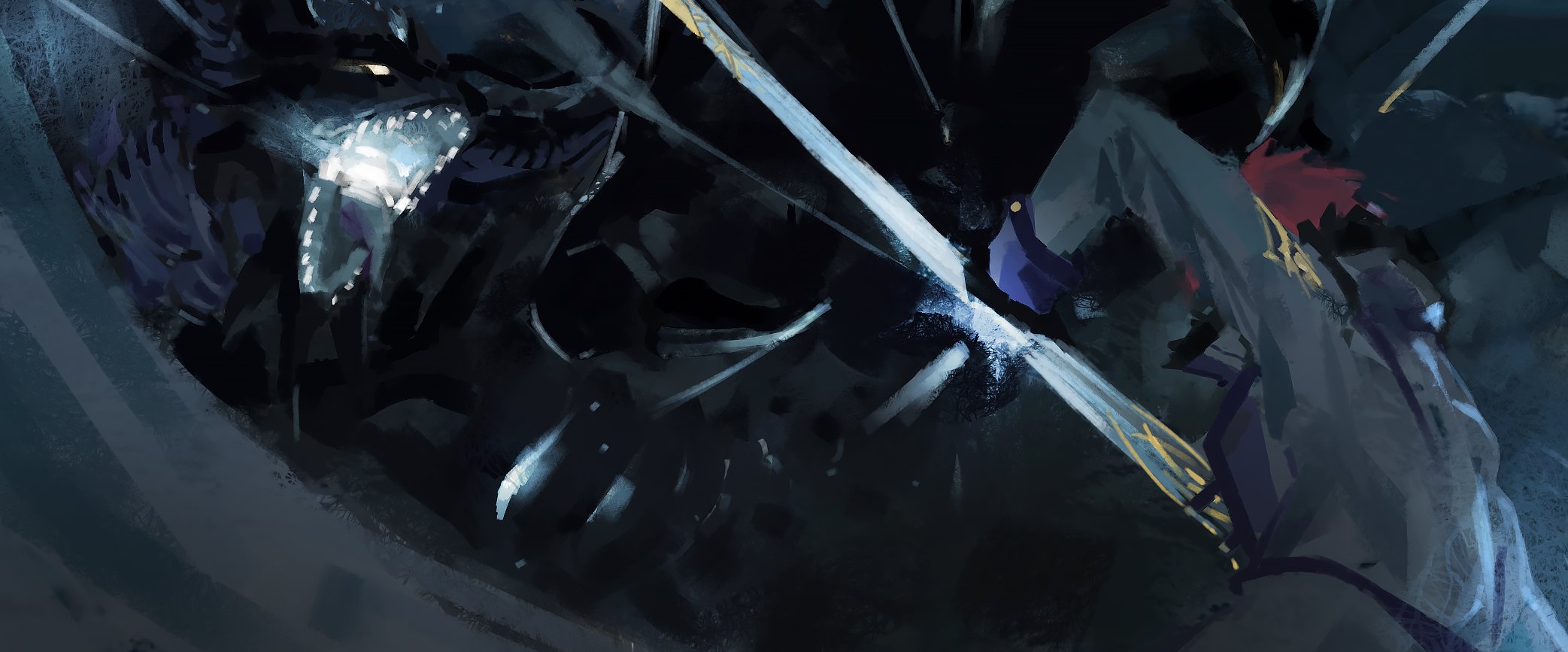 ro ka ro ka, reinhard van astrea, volcanica (re:zero), re:zero kara hajimeru isekai seikatsu, highres, 1boy, battle, cape, clash, close-up, dark, dragon, fangs, monster, open mouth, red hair, short hair, white cape