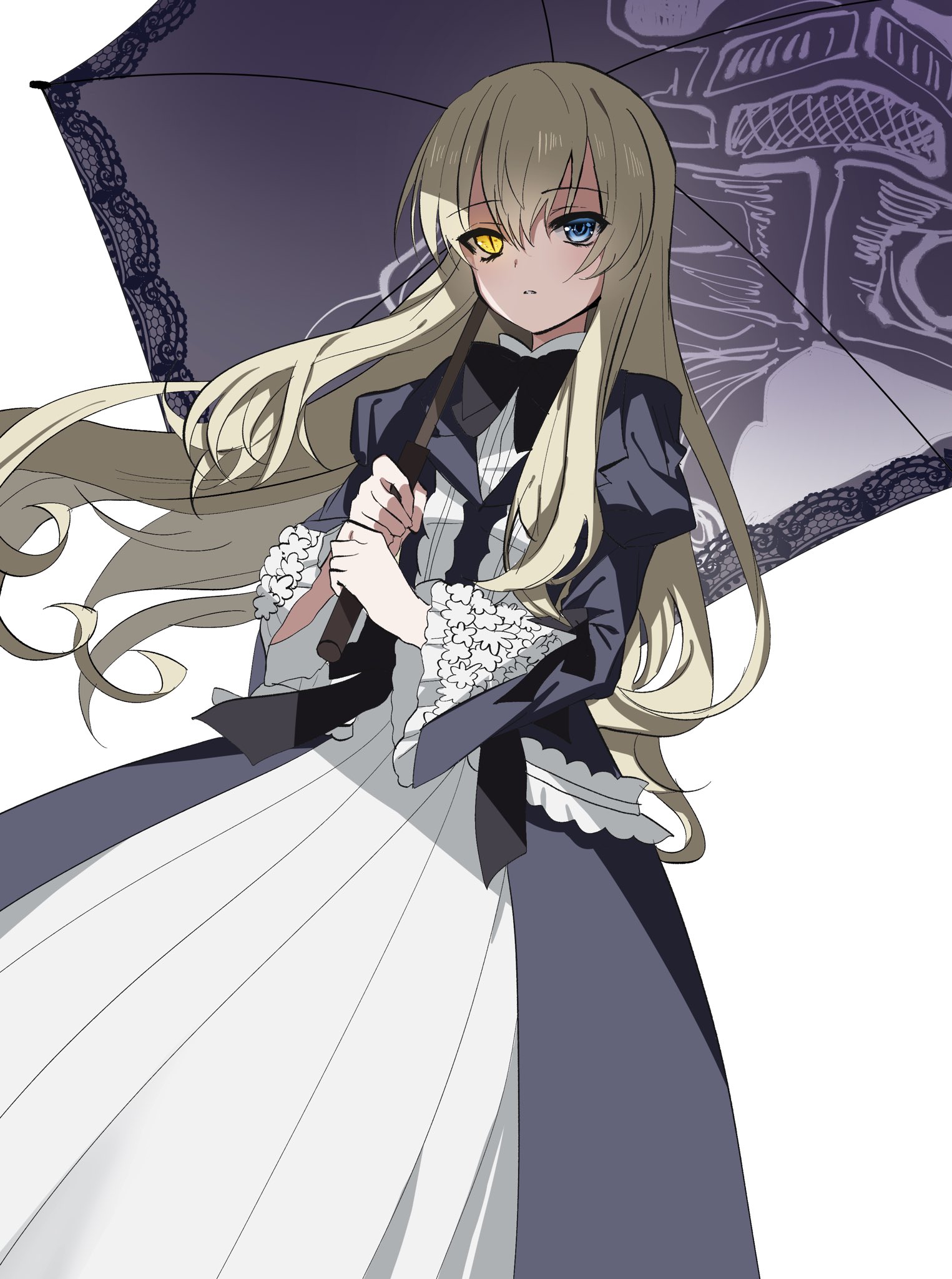kasukasugom1, mary clarissa christie, shikkoku no sharnoth, steampunk (liarsoft), highres, 1girl, black bow, black bowtie, black dress, blonde hair, blue eyes, bow, bowtie, dress, dutch angle, eyelashes, feet out of frame, floating hair, floral print, floral print sleeves, frown, hair between eyes, heterochromia, holding, holding umbrella, juliet sleeves, long dress, long hair, long sleeves, looking at viewer, parted lips, puffy sleeves, sidelocks, simple background, slit pupils, solo, standing, two-tone dress, umbrella, under umbrella, very long hair, white background, white dress, wide sleeves, yellow eyes