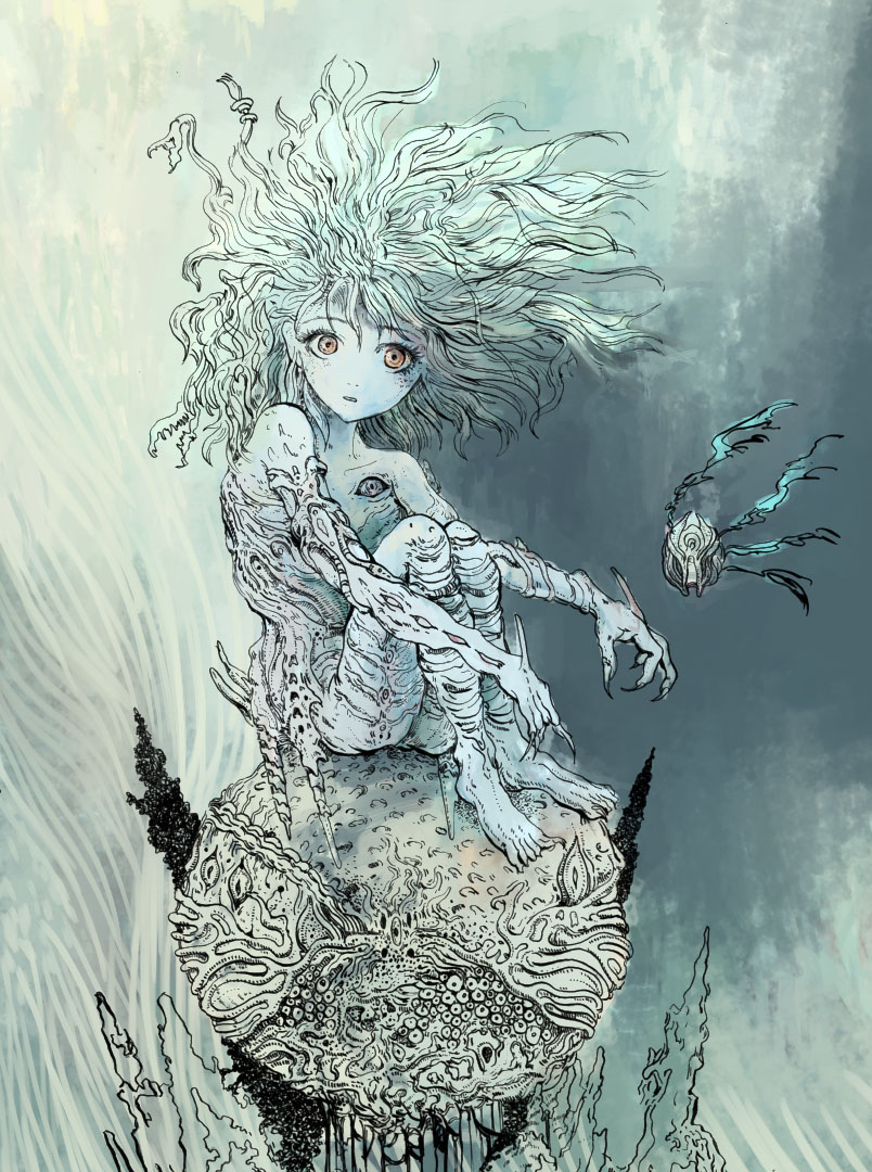 original, commentary request, 1girl, completely nude, creature, expressionless, extra eyes, fingernails, floating hair, knees up, limited palette, long fingernails, long hair, long toenails, looking at viewer, monster girl, nude, red eyes, sitting, solo, spikes, toenails, tokiurahama